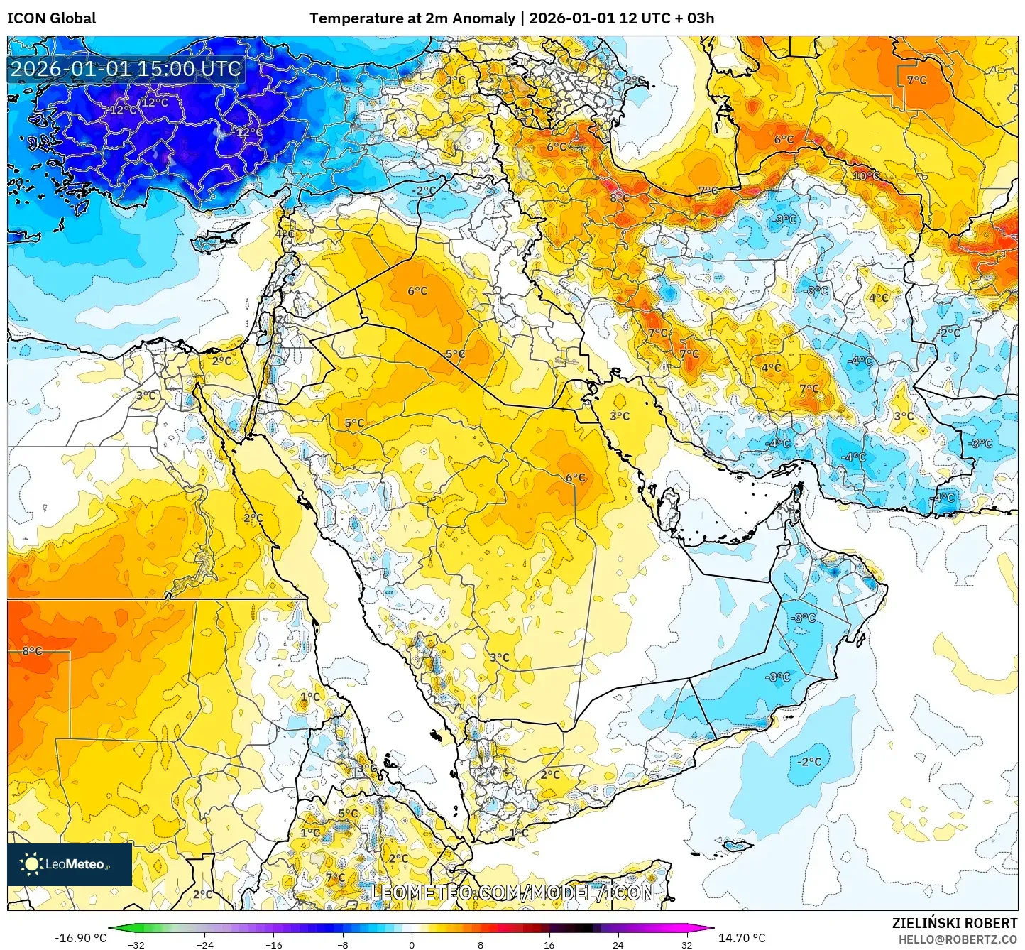 ICON model - Middle East, Temperature at 2m Anomaly