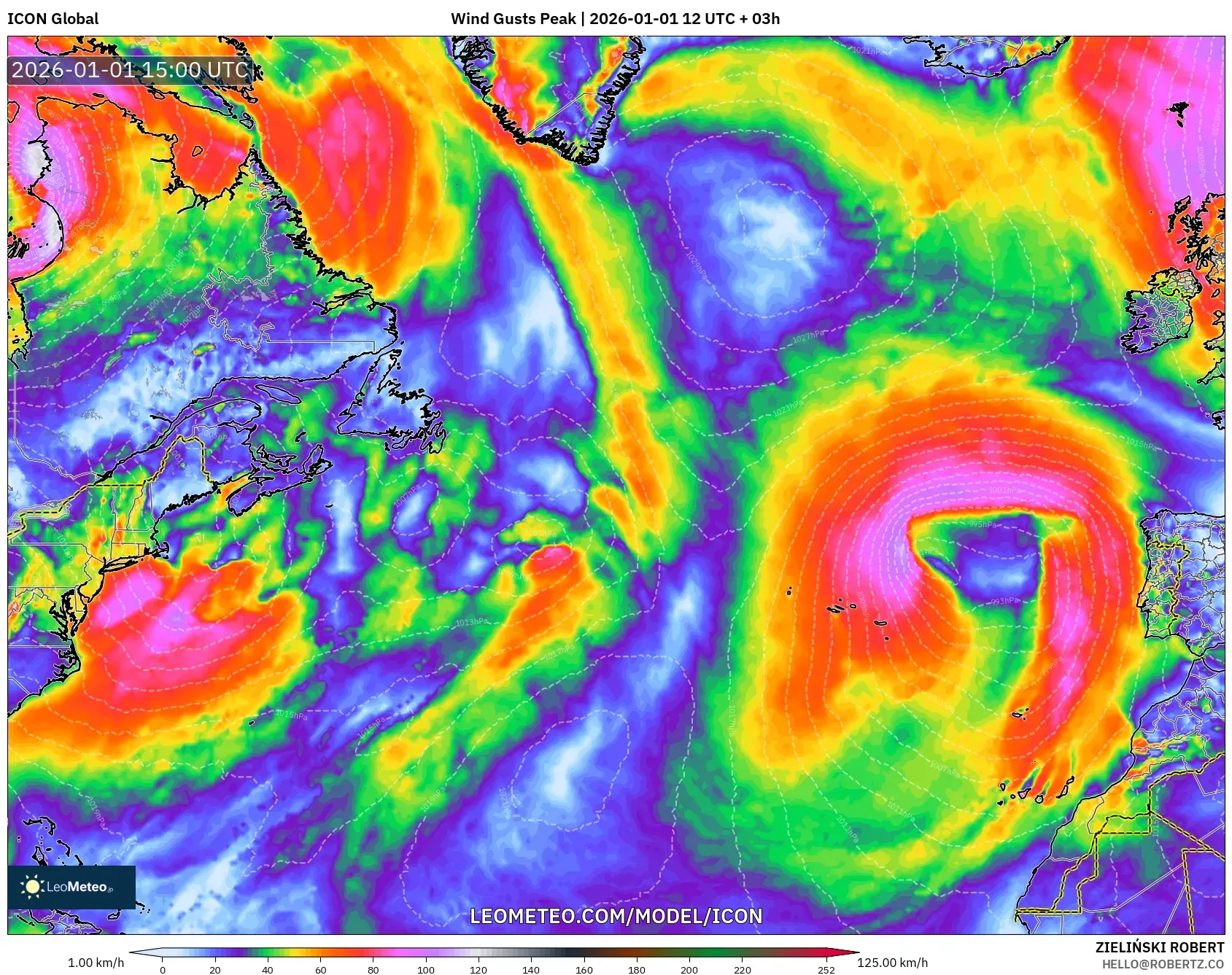 ICON model - North Atlantic, Wind Gusts Peak