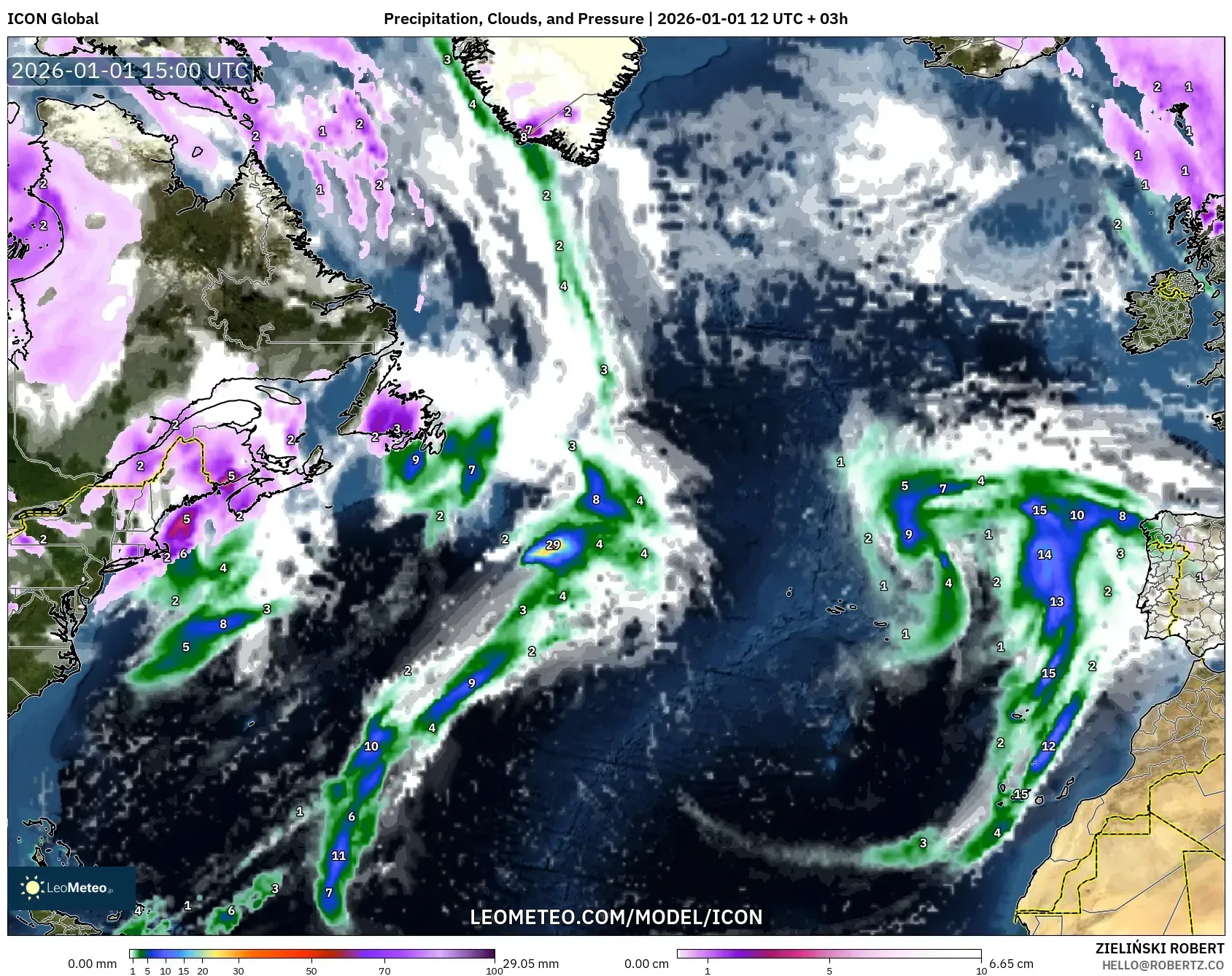 ICON model - North Atlantic, Precipitation, Clouds, and Pressure