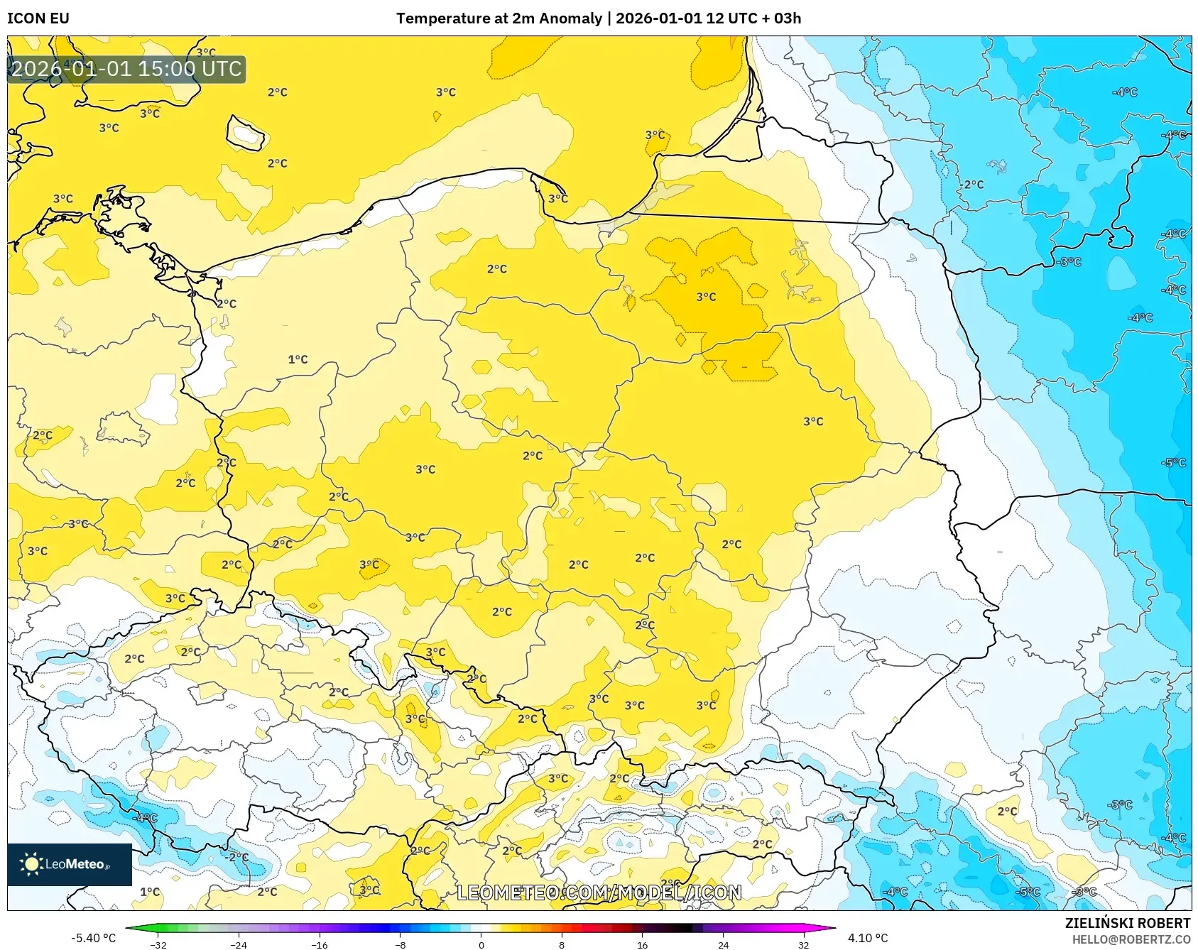 ICON model - Poland, Temperature at 2m Anomaly