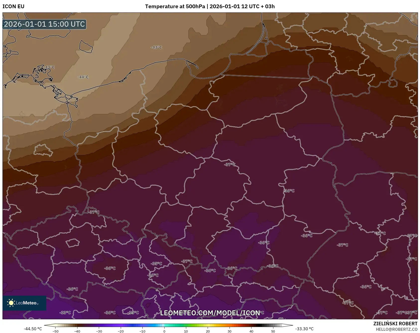 ICON model - Poland, Temperature at 500hPa
