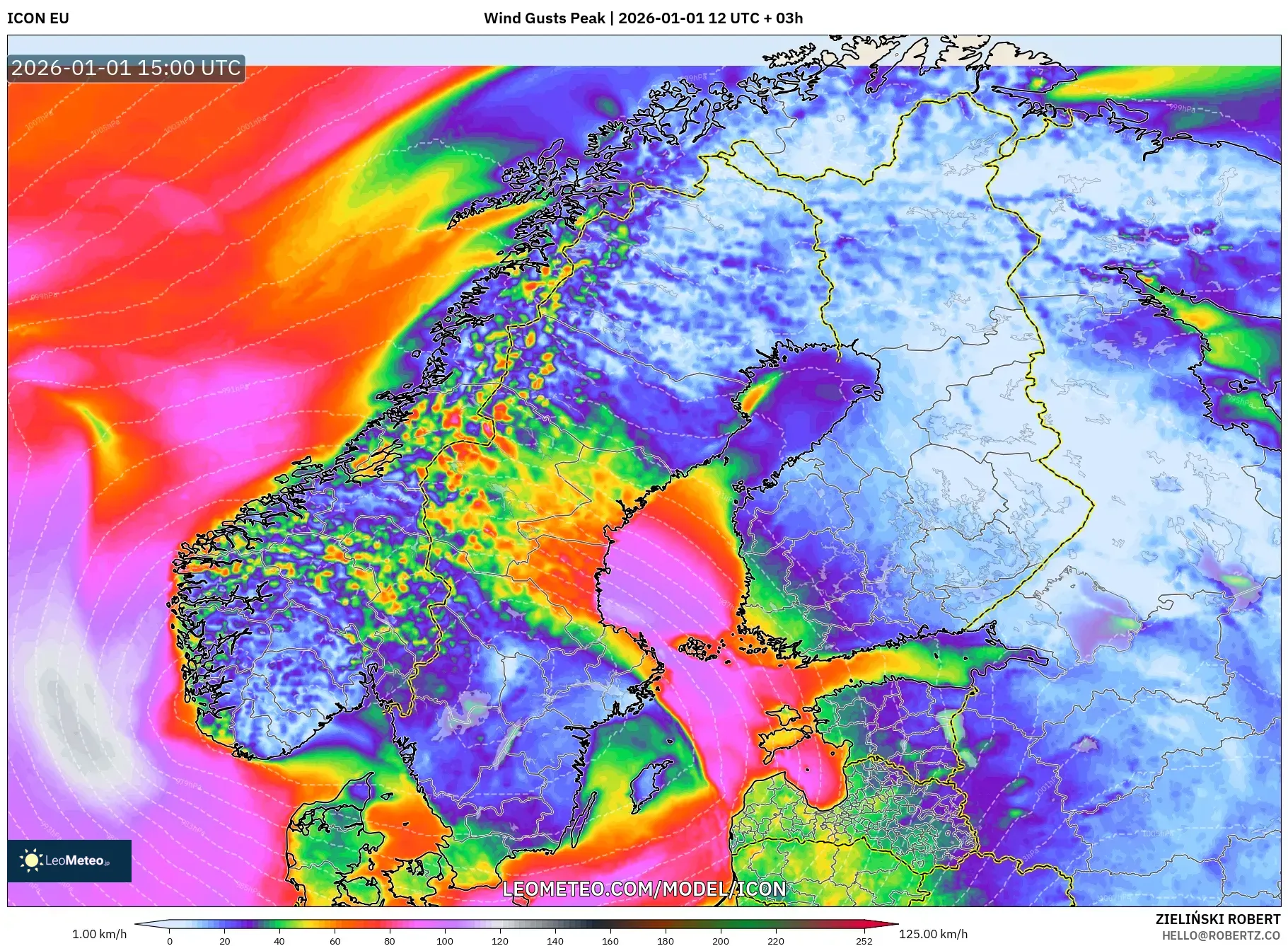 ICON model - Scandinavia, Wind Gusts Peak