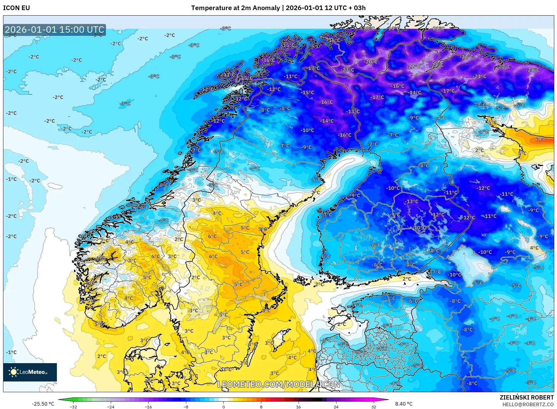 ICON model - Scandinavia, Temperature at 2m Anomaly