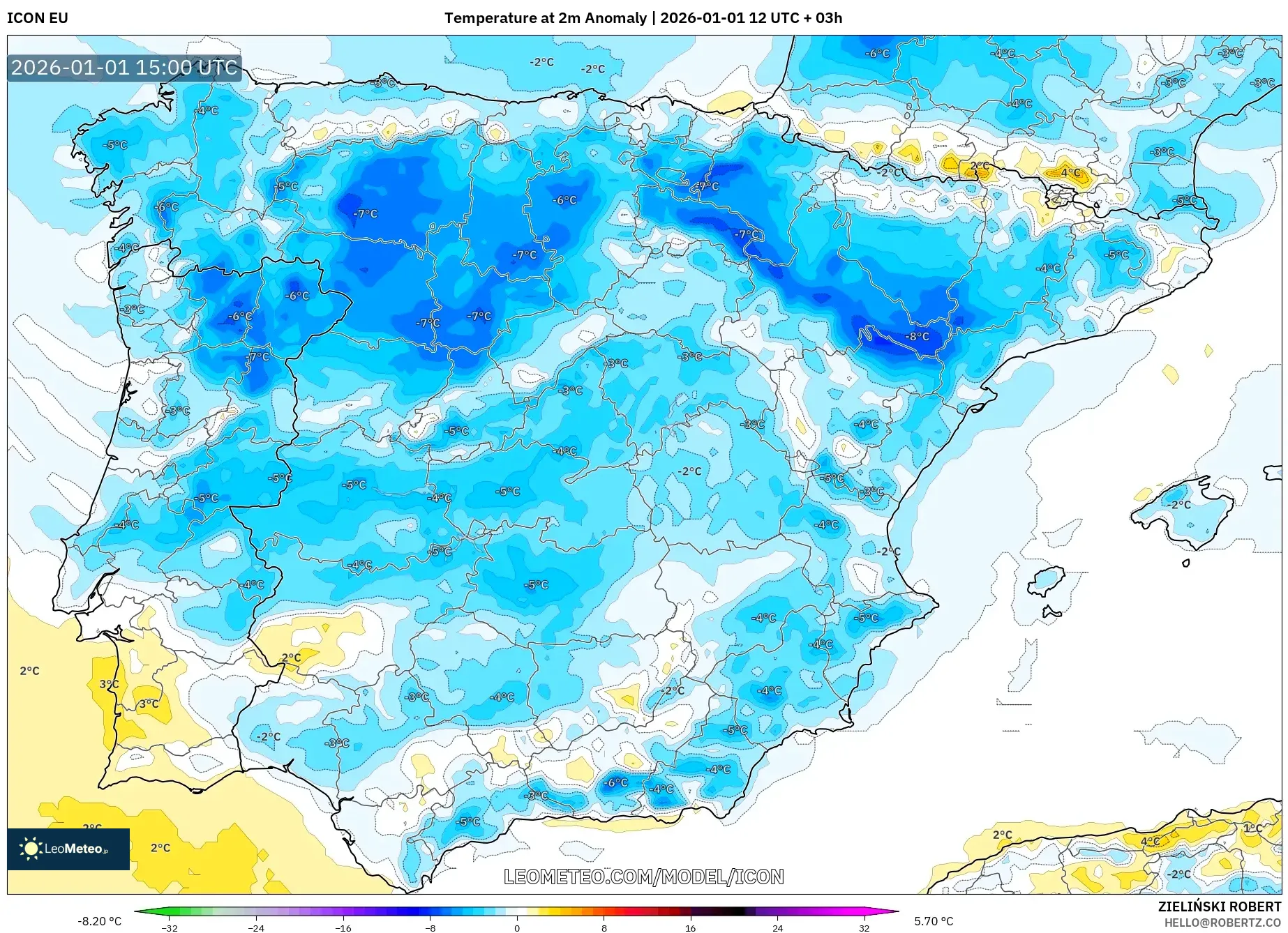 ICON model - Spain, Temperature at 2m Anomaly