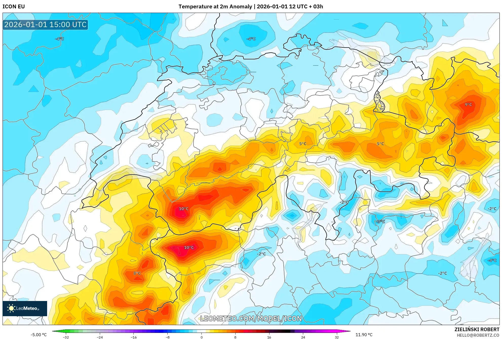 ICON model - Switzerland, Temperature at 2m Anomaly