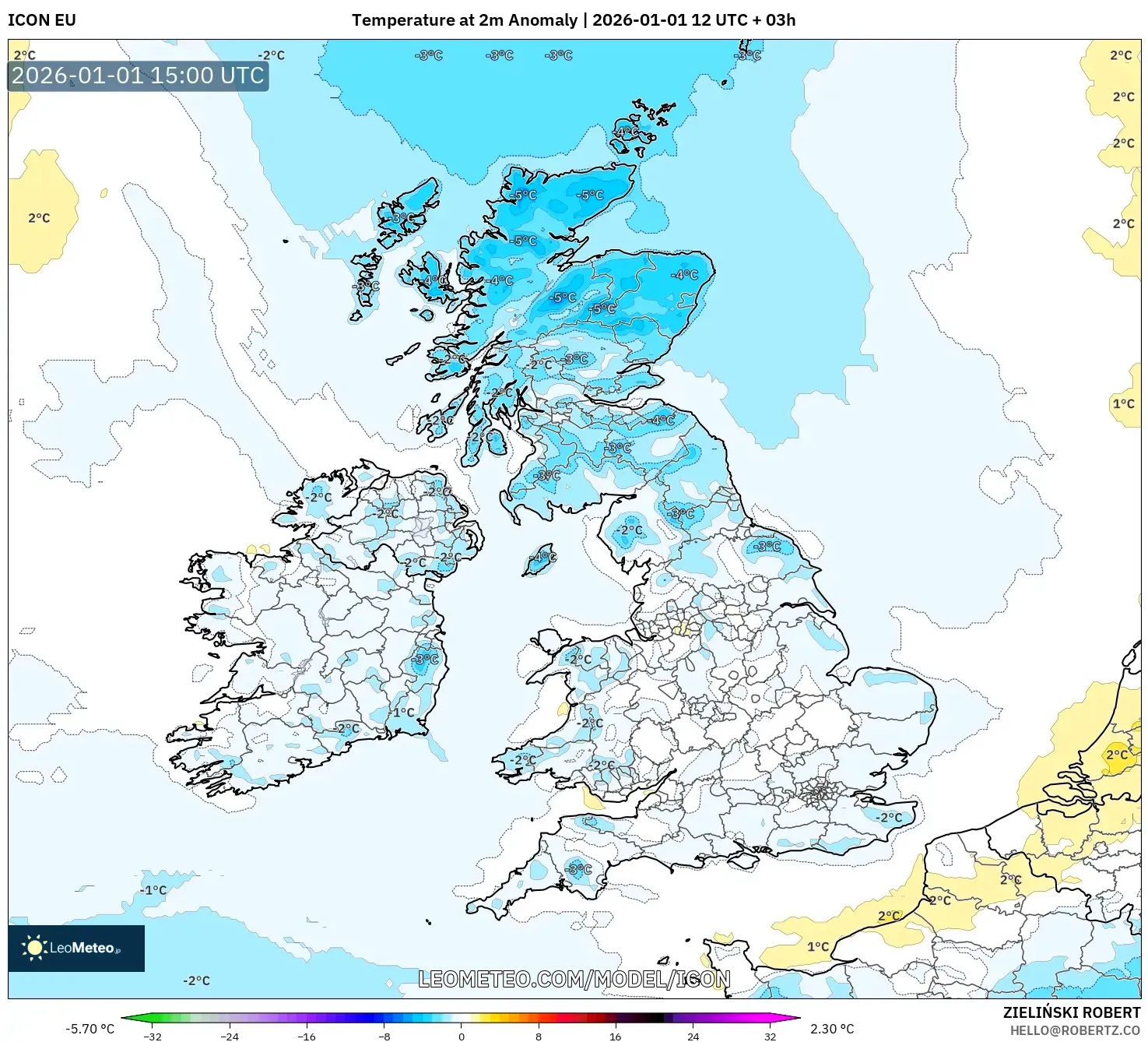 ICON model - United Kingdom, Temperature at 2m Anomaly