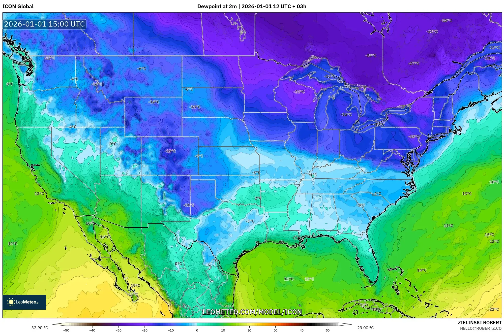 ICON model - United States, Dewpoint at 2m