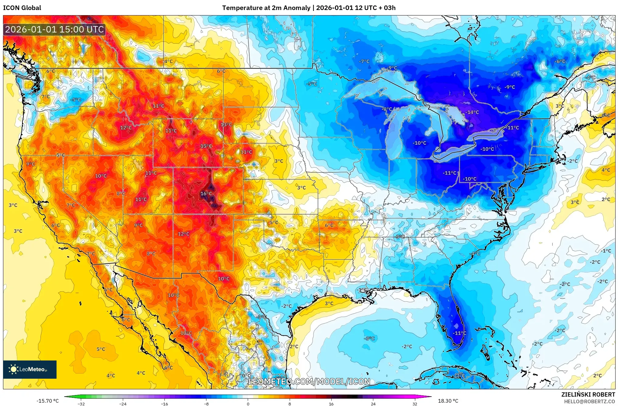 ICON model - United States, Temperature at 2m Anomaly