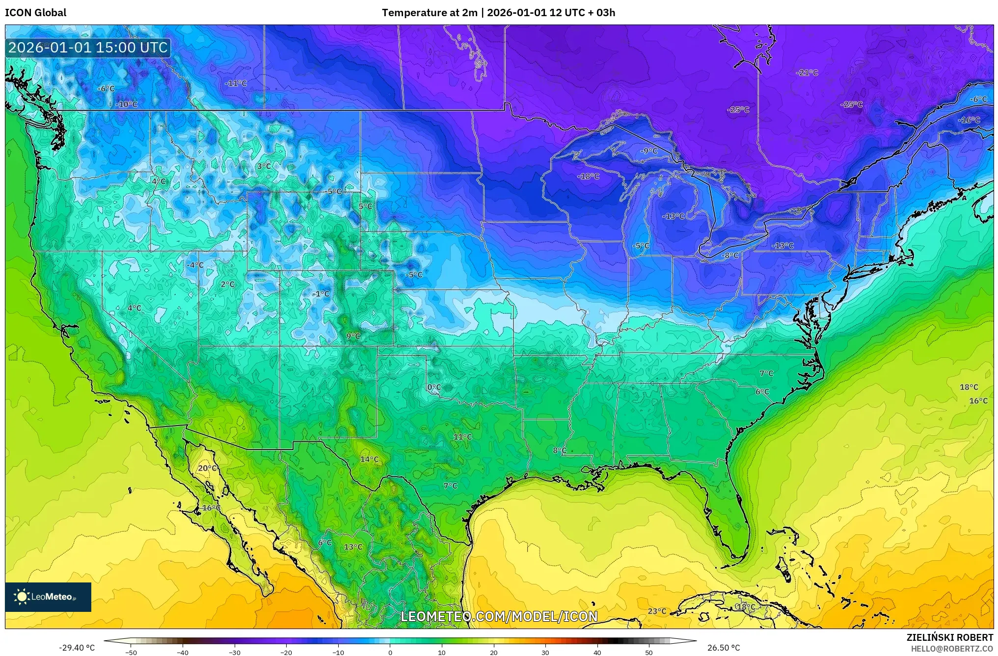 ICON model - United States, Temperature at 2m