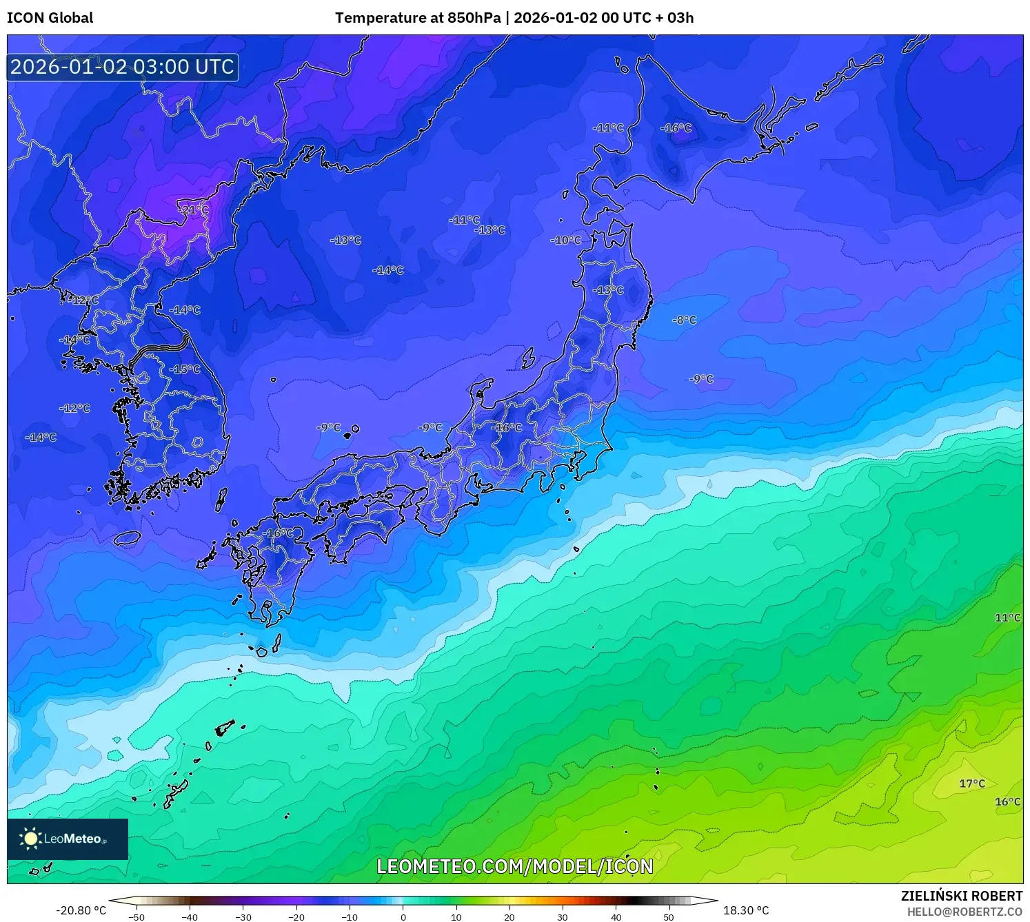 ICON model - Japan, Temperature at 850hPa