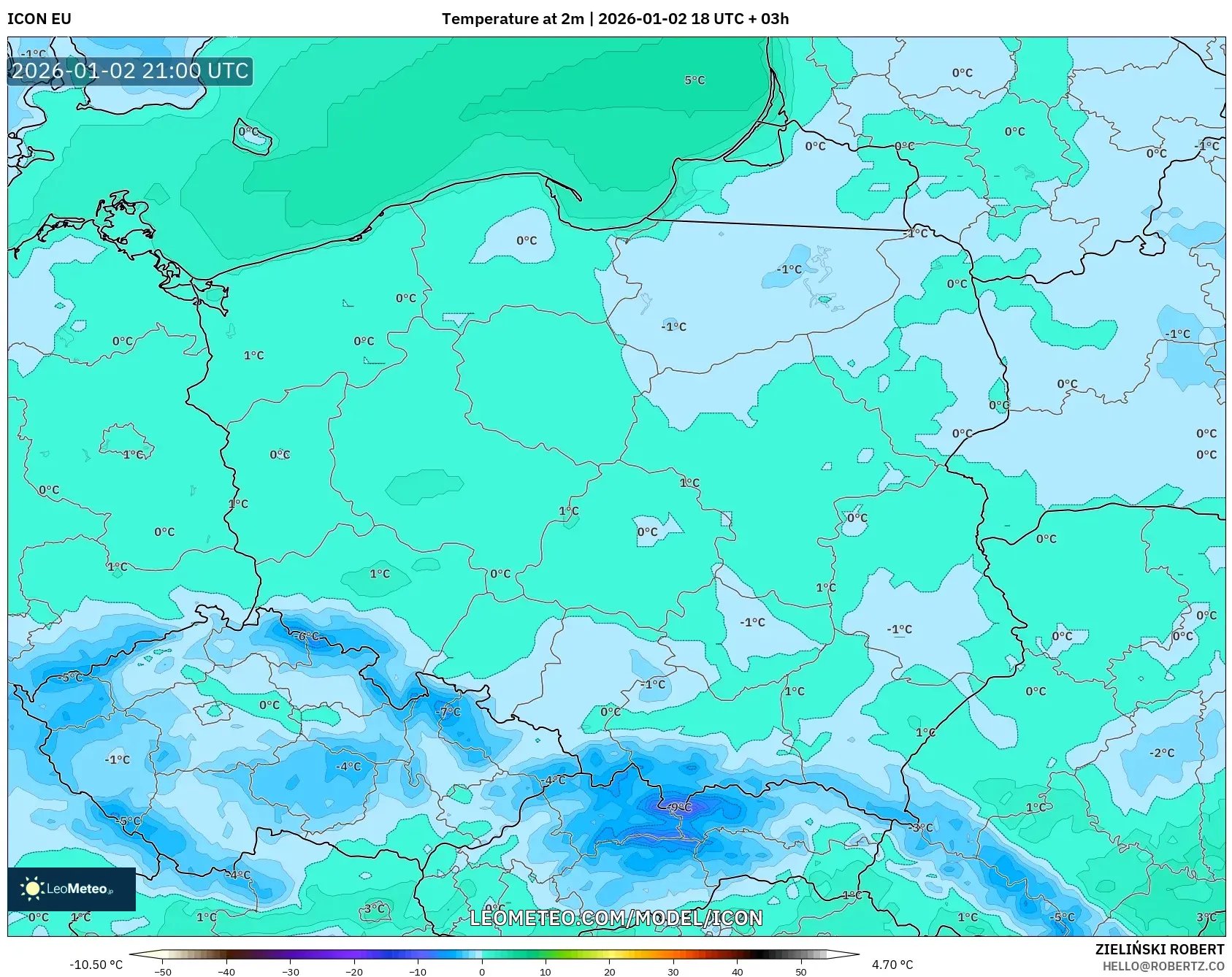 ICON model - Poland, Temperature at 2m