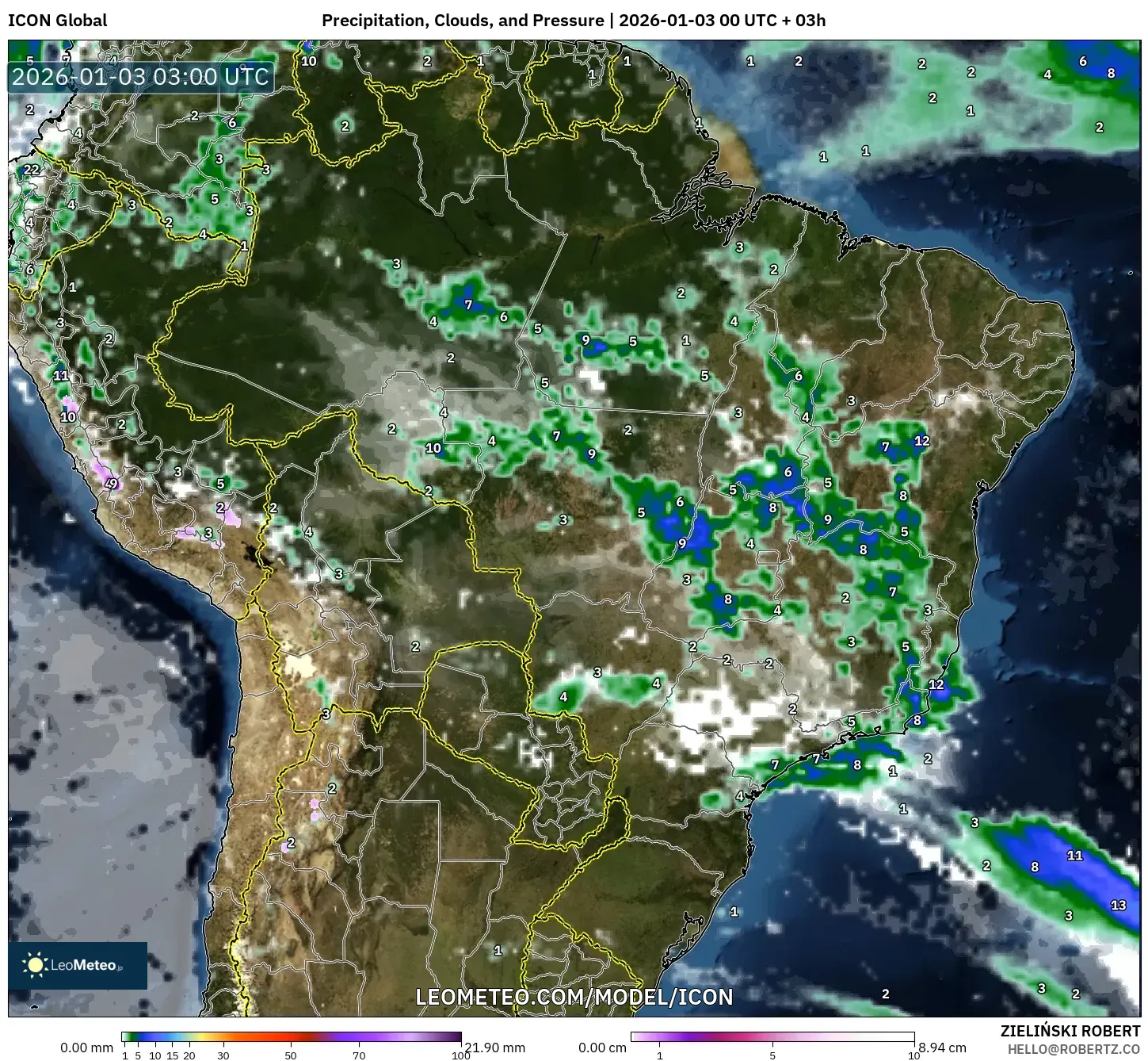 ICON model - Brazil, Precipitation, Clouds, and Pressure