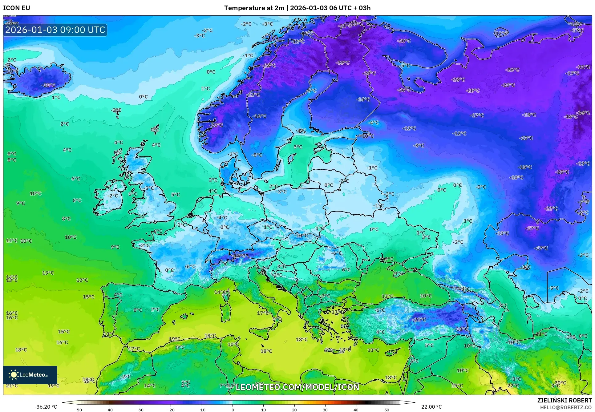 ICON model - Europe, Temperature at 2m