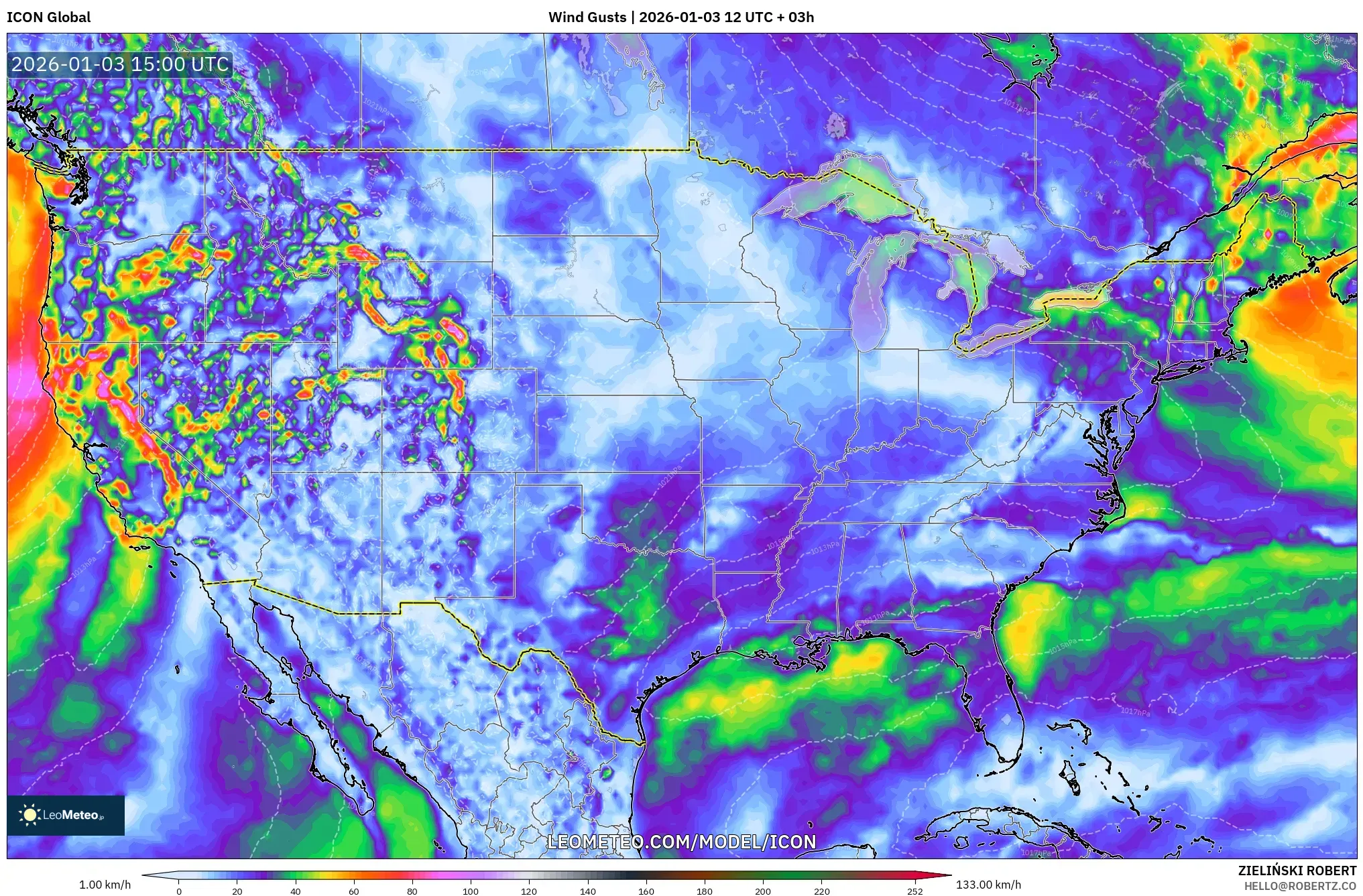 ICON model - United States, Wind Gusts