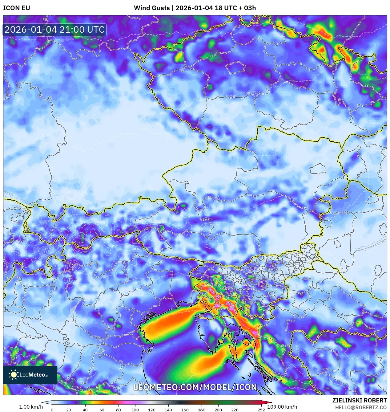 ICON model - Austria, Wind Gusts