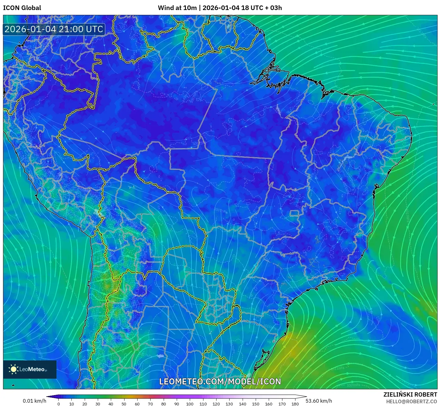 ICON model - Brazil, Wind at 10m