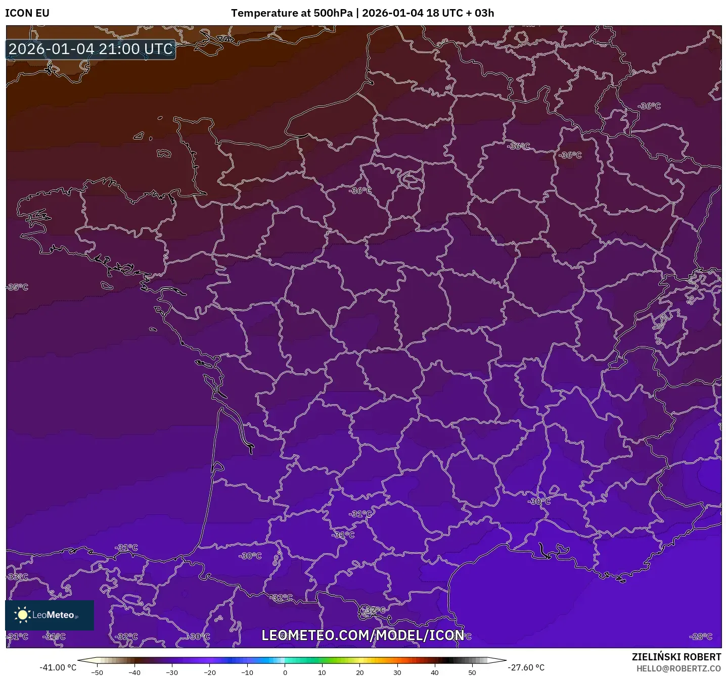 ICON model - France, Temperature at 500hPa