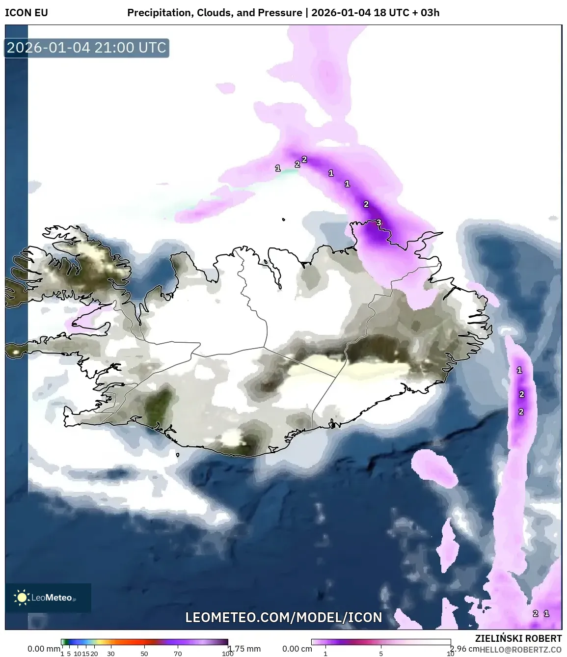 ICON model - Iceland, Precipitation, Clouds, and Pressure