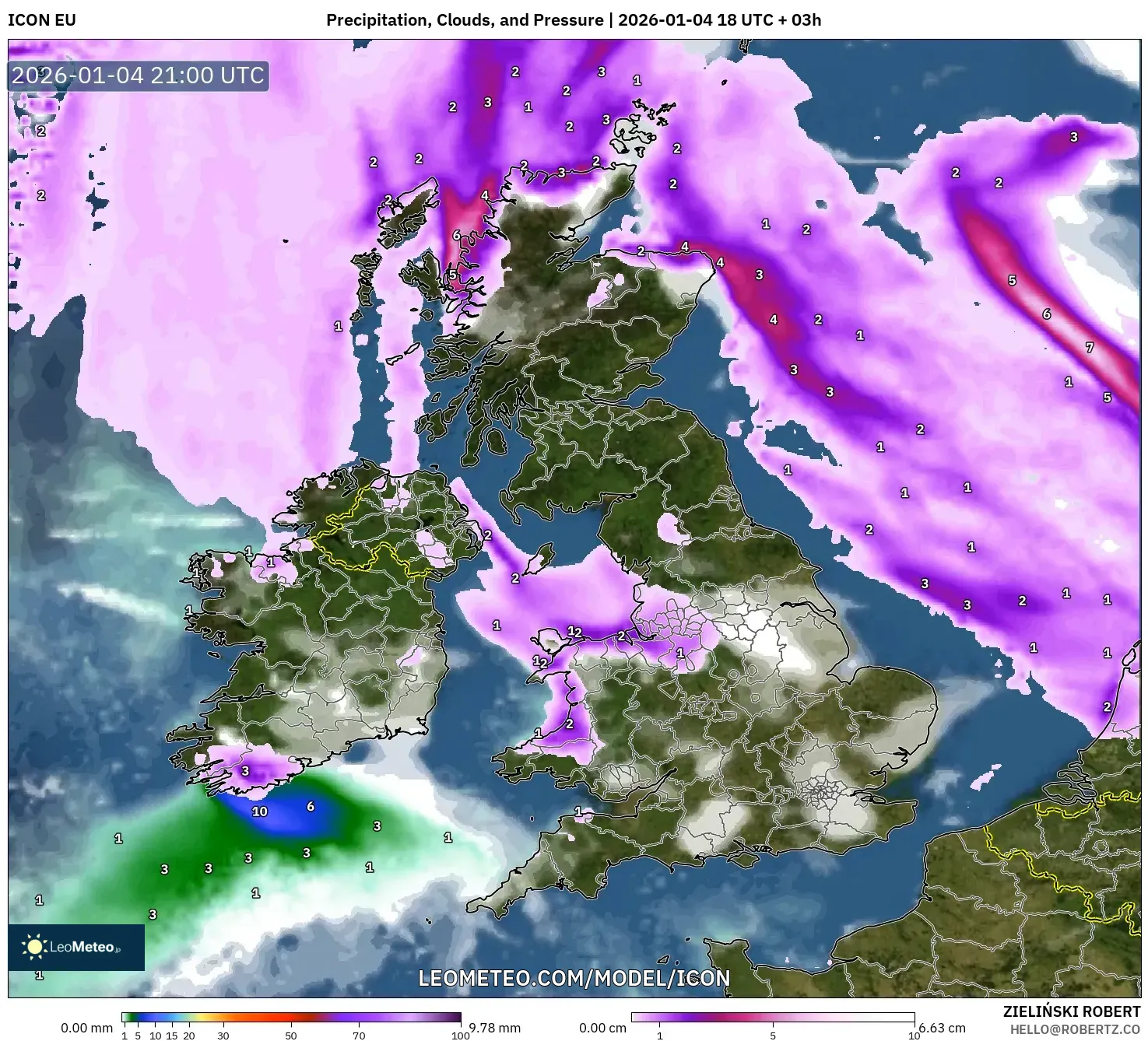 ICON model - United Kingdom, Precipitation, Clouds, and Pressure