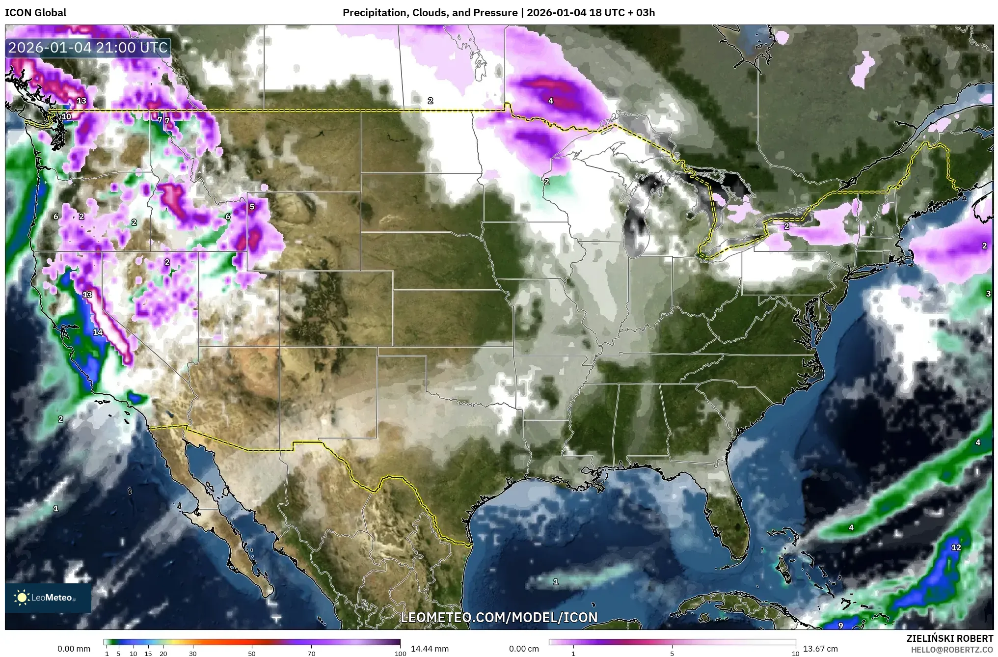 ICON model - United States, Precipitation, Clouds, and Pressure