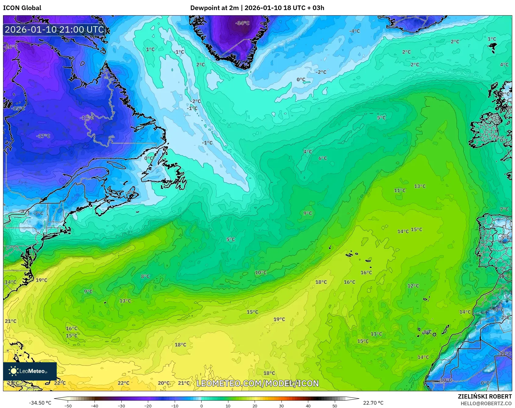 ICON model - North Atlantic, Dewpoint at 2m