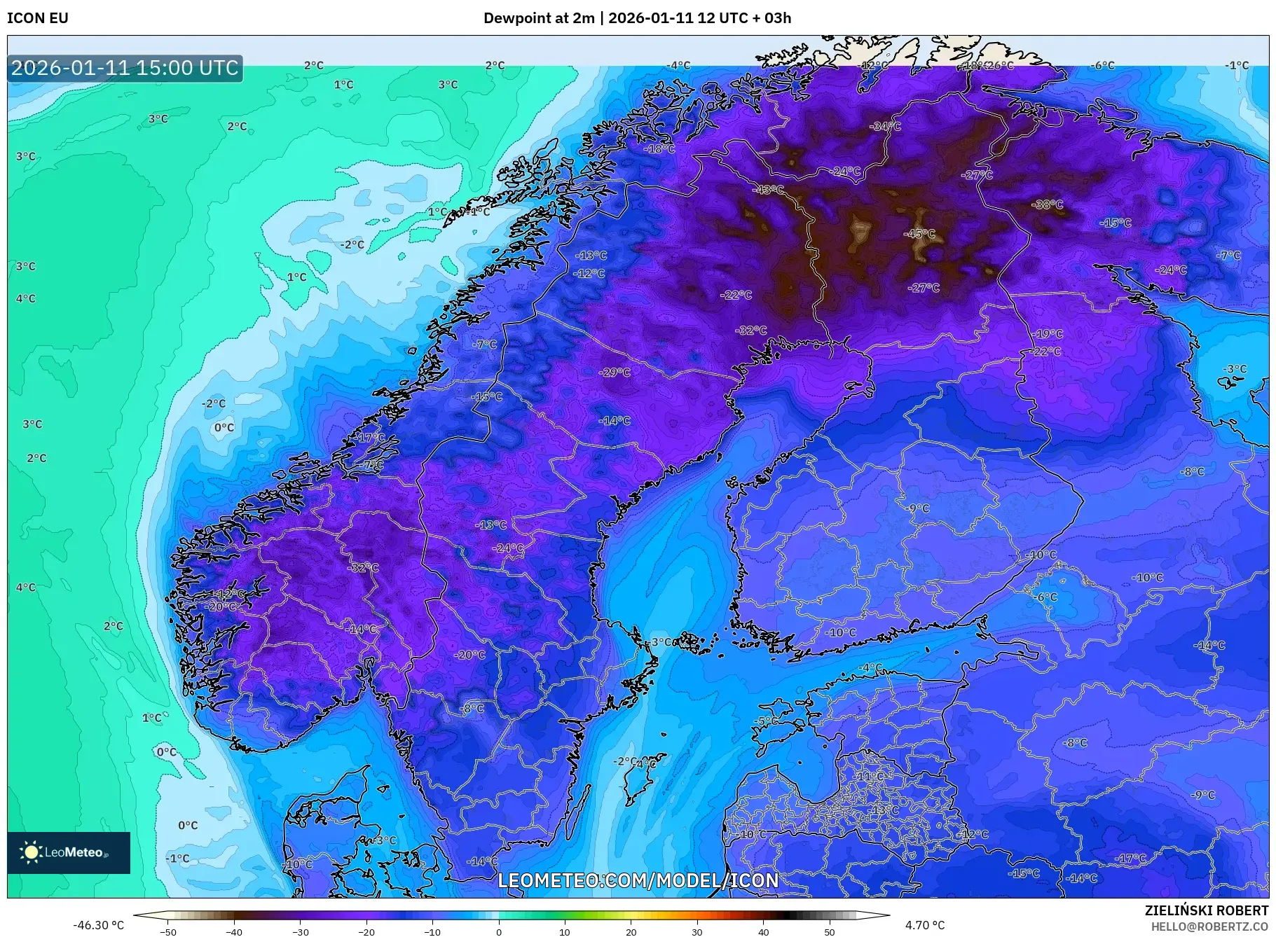 ICON model - Scandinavia, Dewpoint at 2m