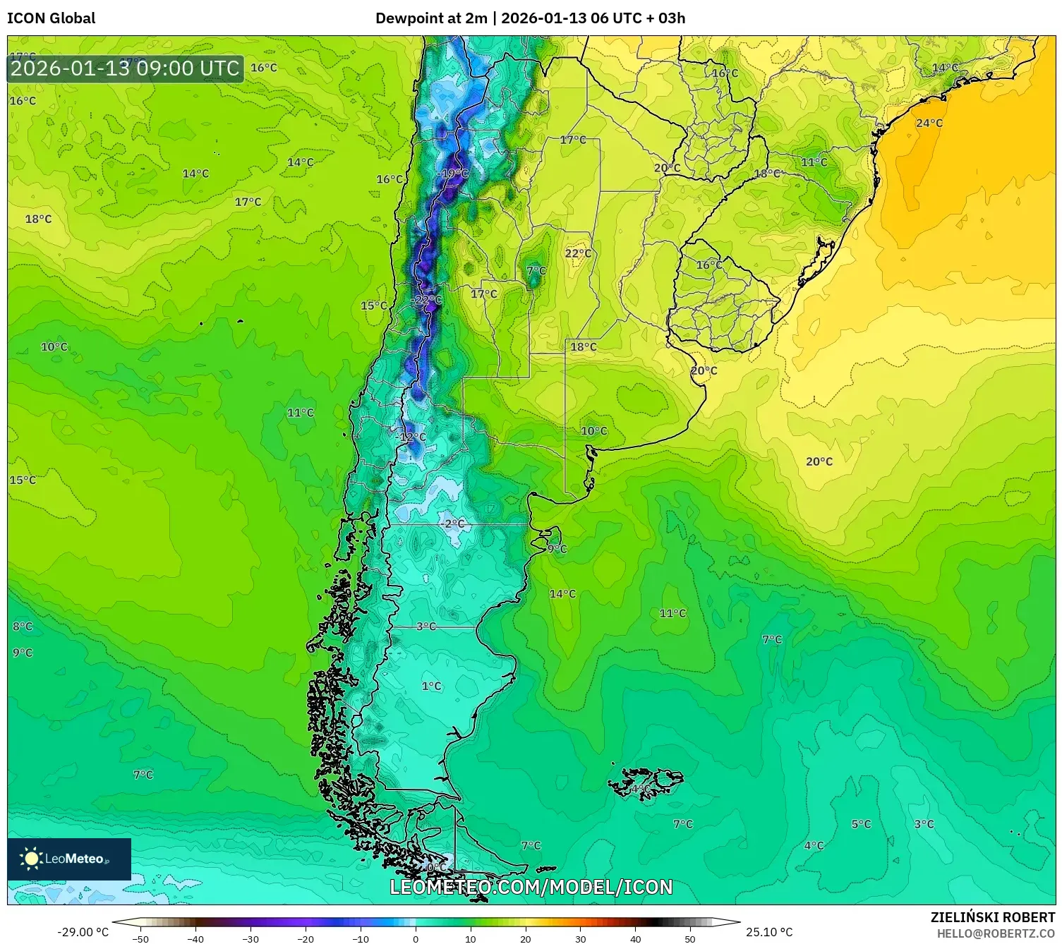 ICON model - Argentina, Dewpoint at 2m