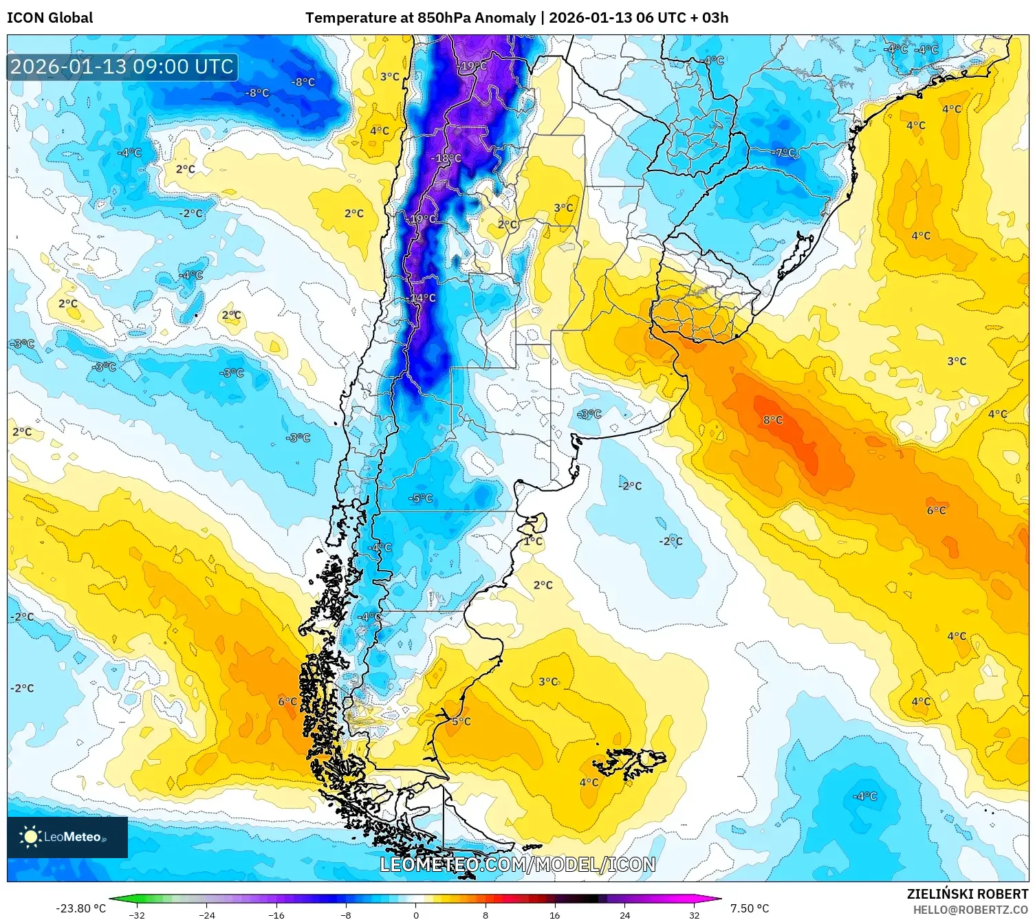 ICON model - Argentina, Temperature at 850hPa Anomaly