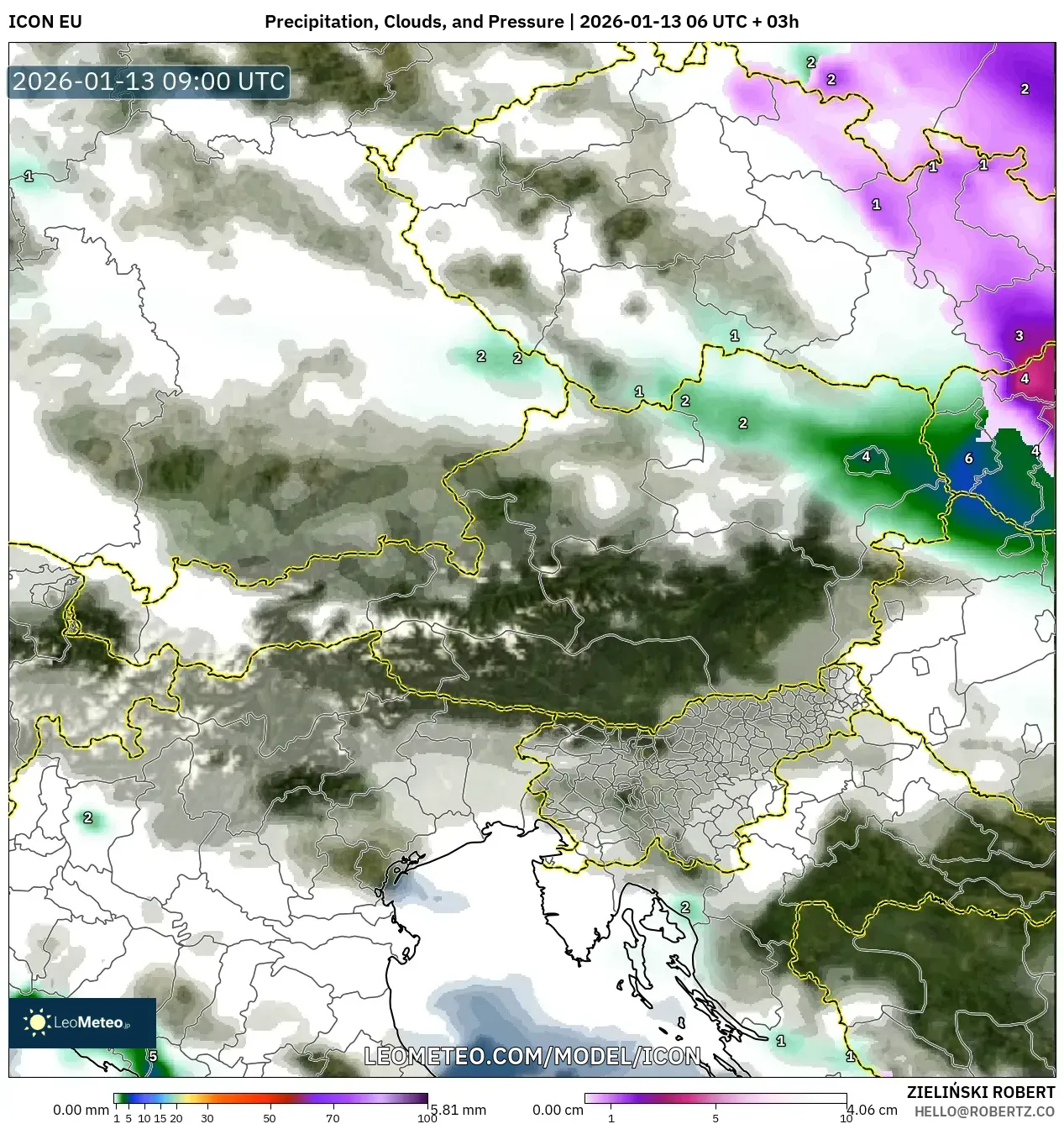 ICON model - Austria, Precipitation, Clouds, and Pressure
