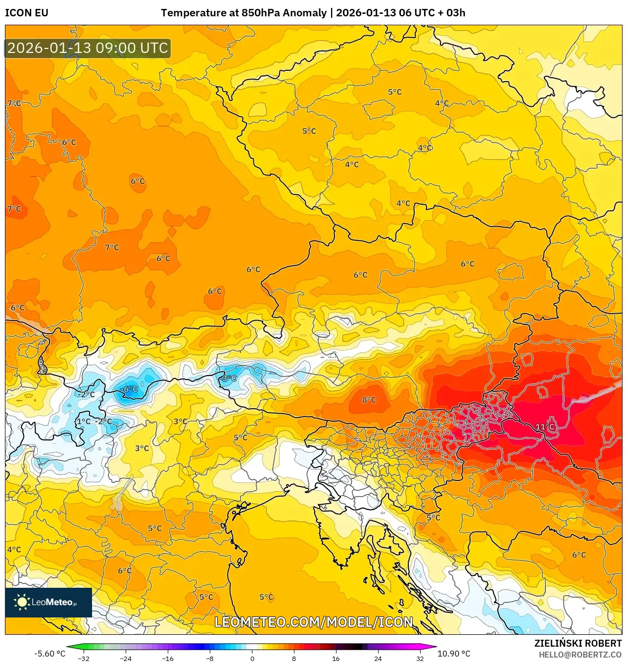 ICON model - Austria, Temperature at 850hPa Anomaly