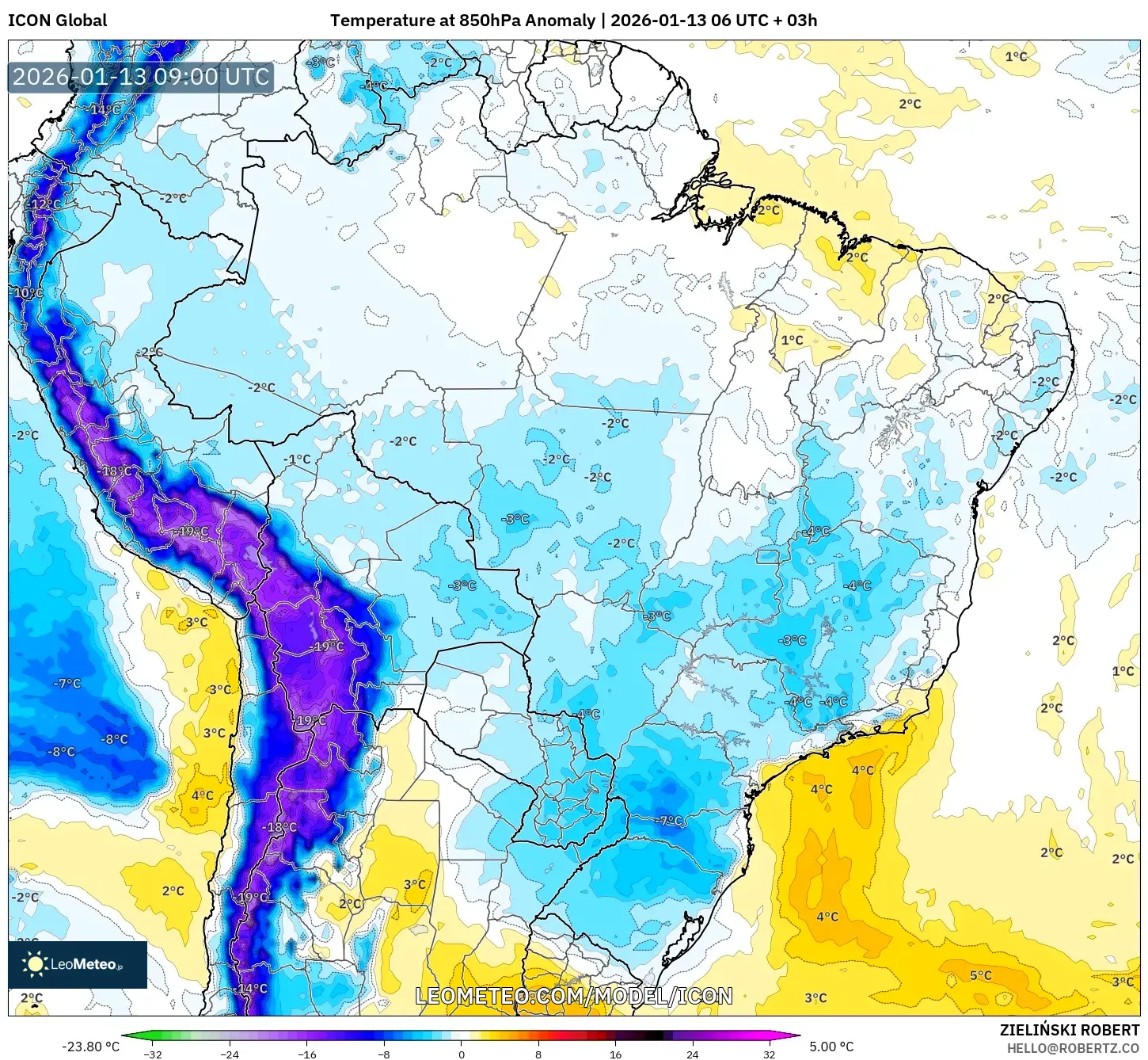 ICON model - Brazil, Temperature at 850hPa Anomaly