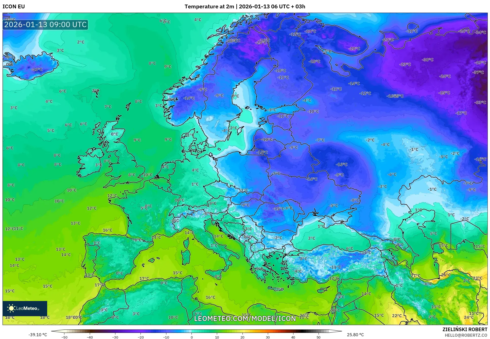 ICON model - Europe, Temperature at 2m