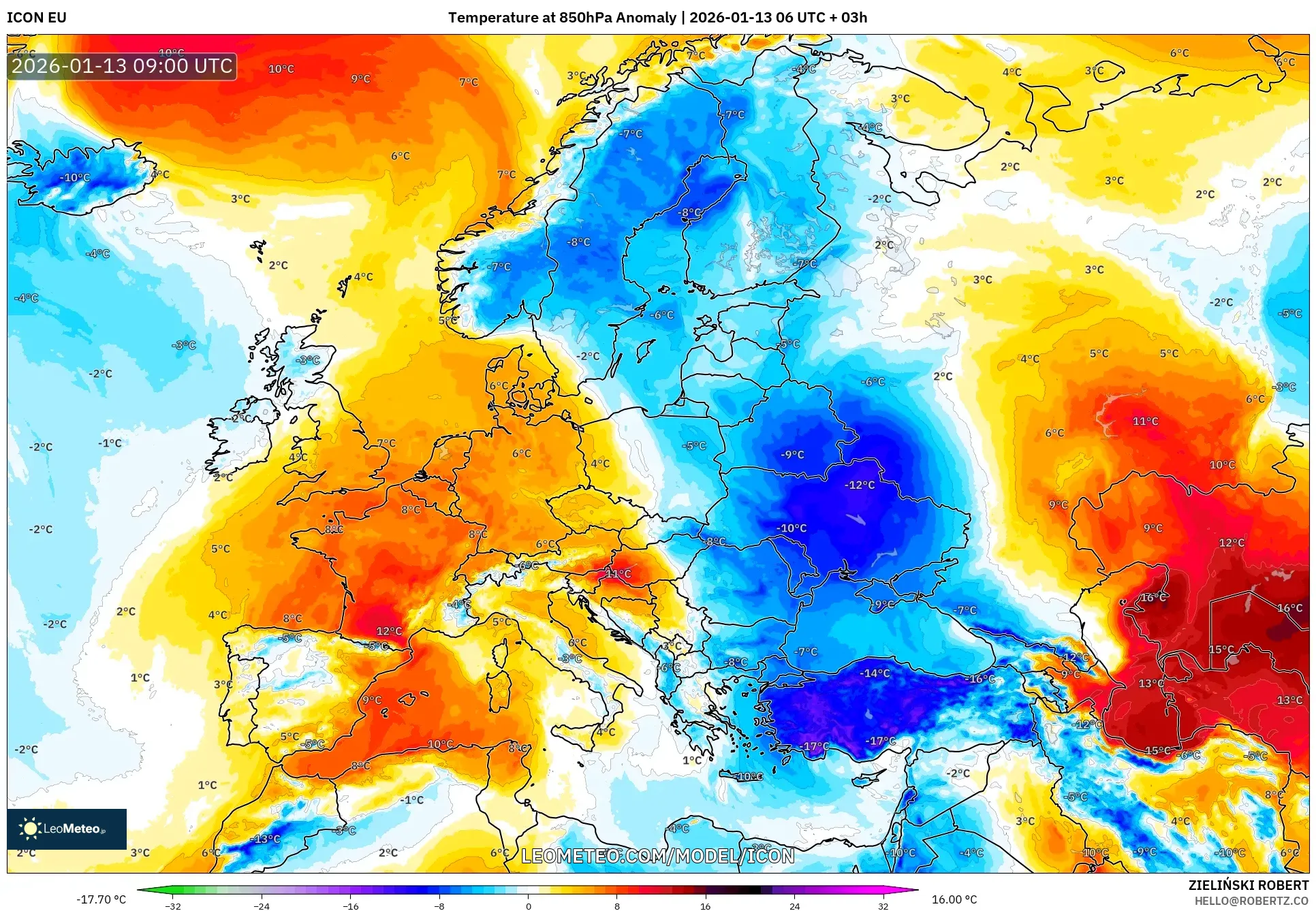 ICON model - Europe, Temperature at 850hPa Anomaly