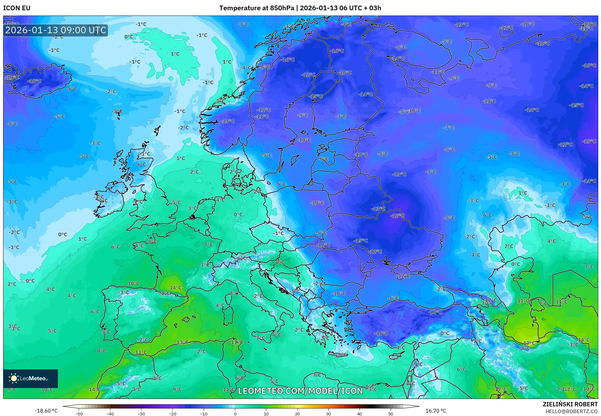 ICON model - Europe, Temperature at 850hPa