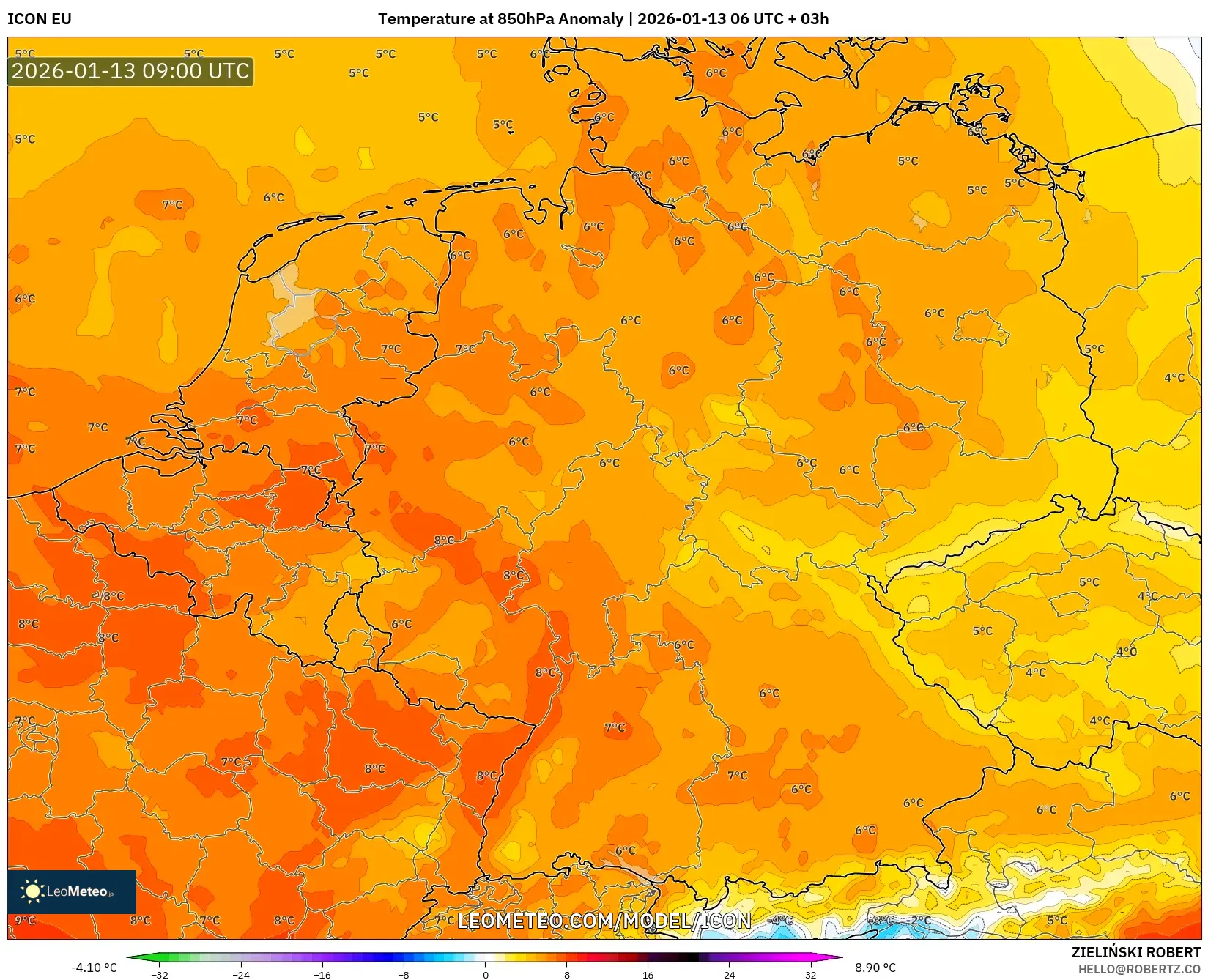 ICON model - Germany, Temperature at 850hPa Anomaly
