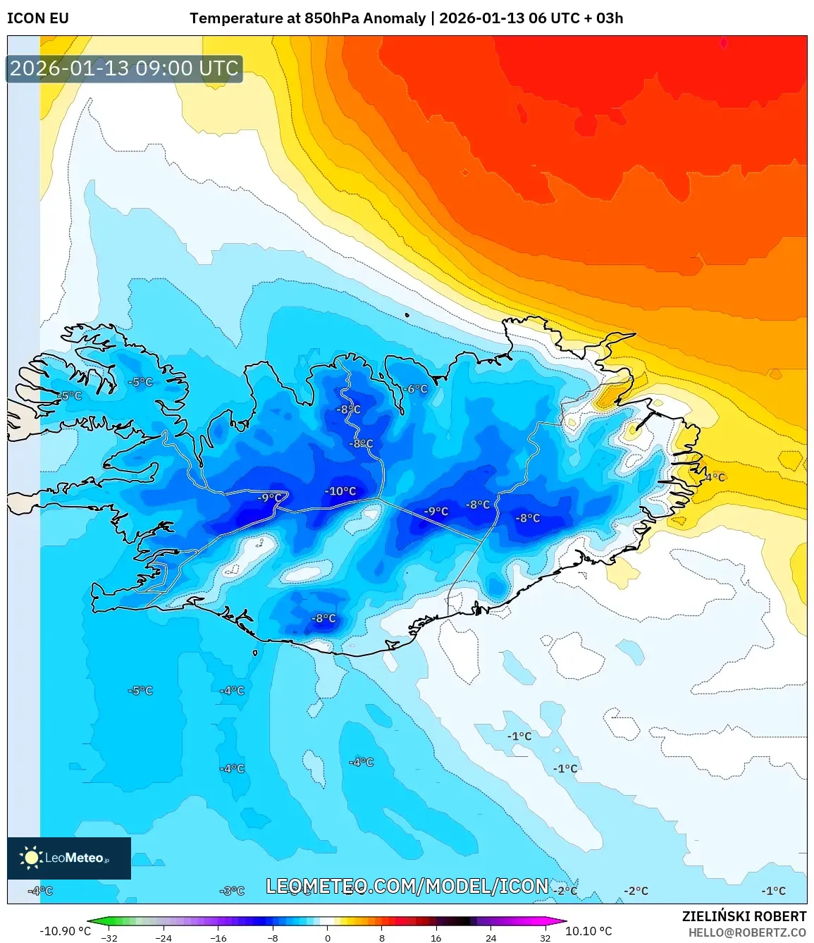ICON model - Iceland, Temperature at 850hPa Anomaly