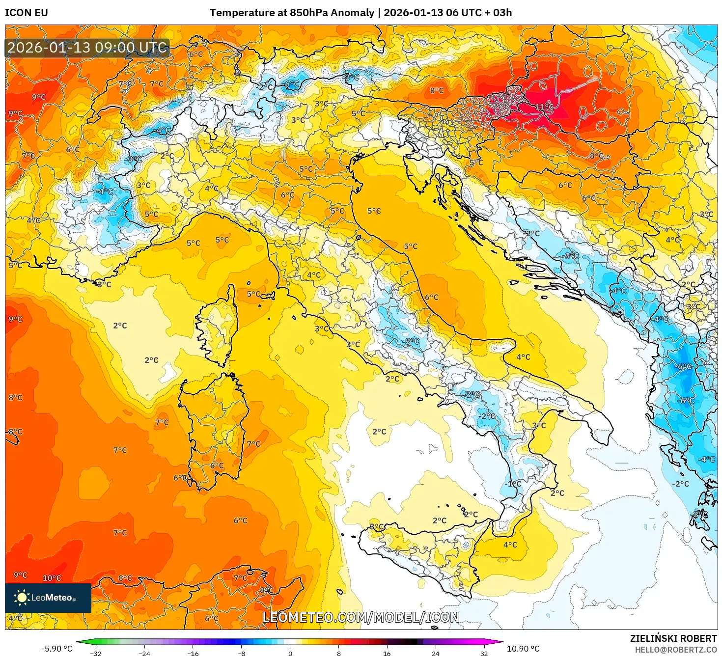 ICON model - Italy, Temperature at 850hPa Anomaly
