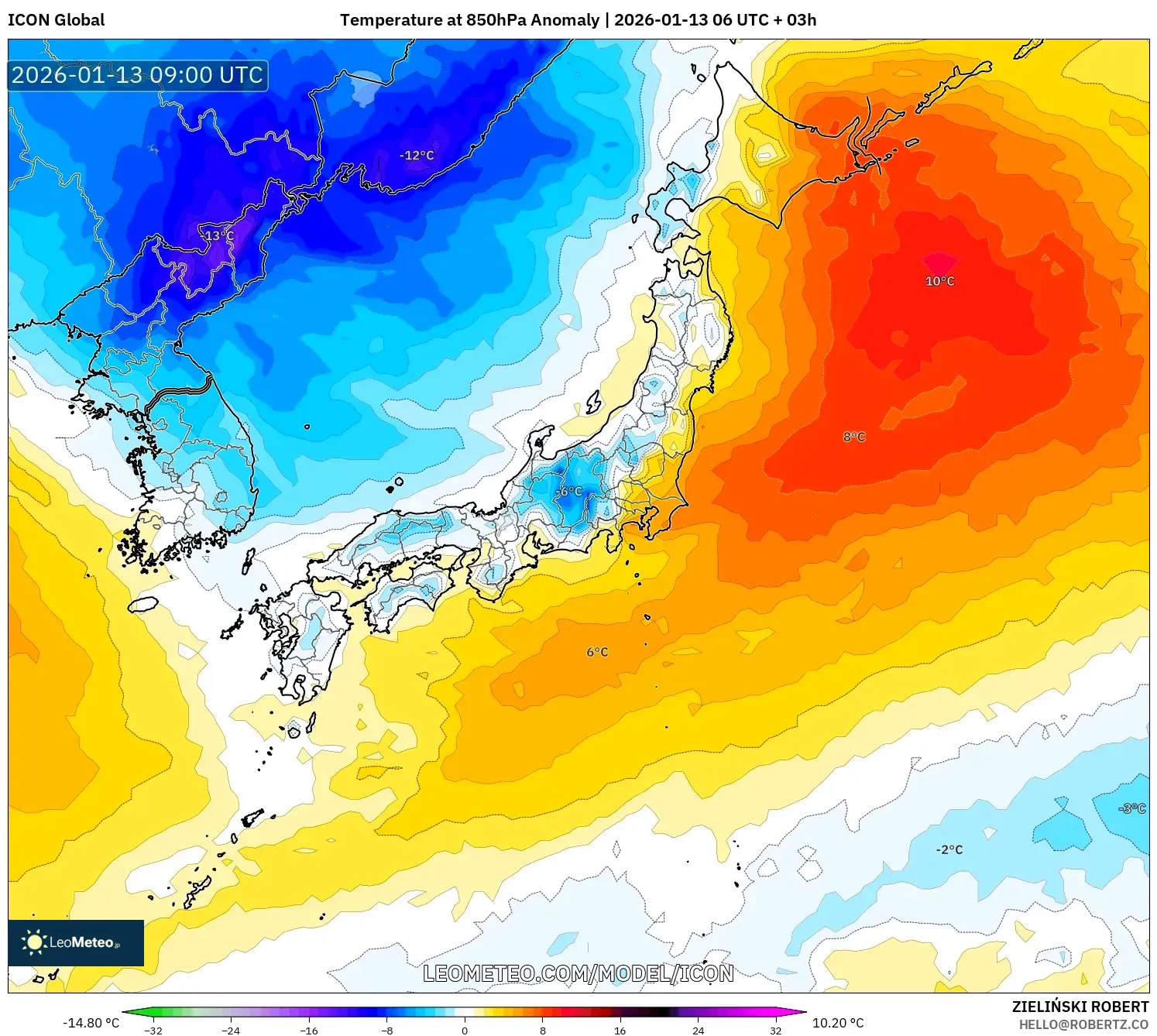 ICON model - Japan, Temperature at 850hPa Anomaly