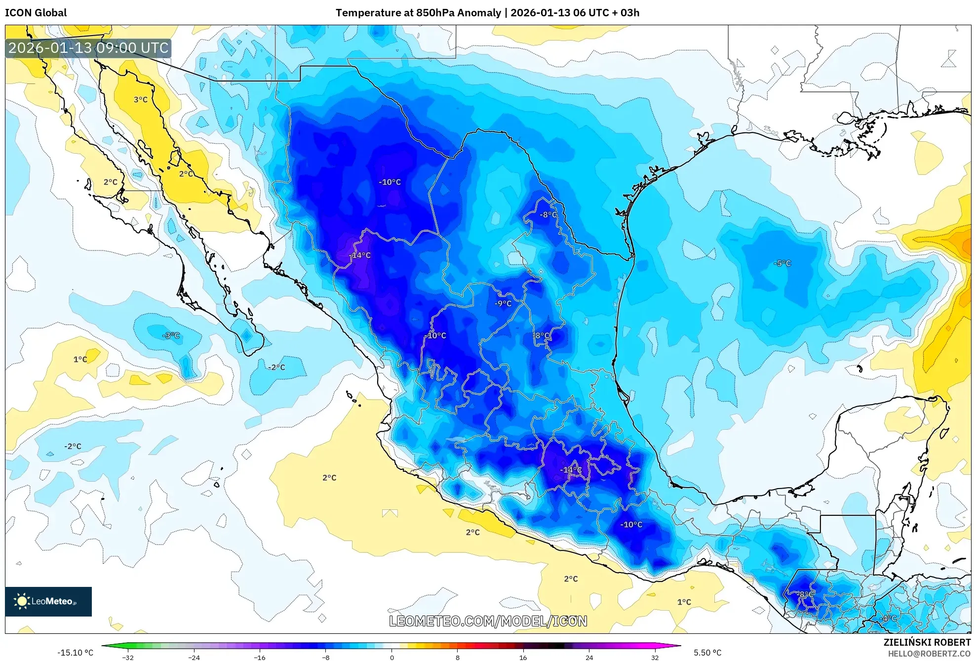ICON model - Mexico, Temperature at 850hPa Anomaly