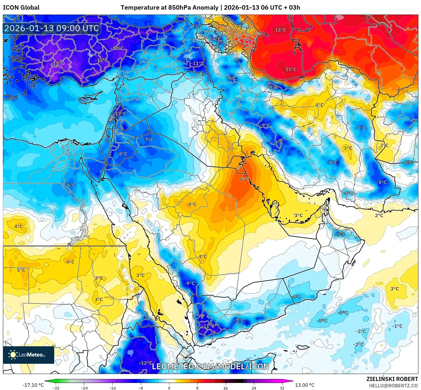 ICON model - Middle East, Temperature at 850hPa Anomaly