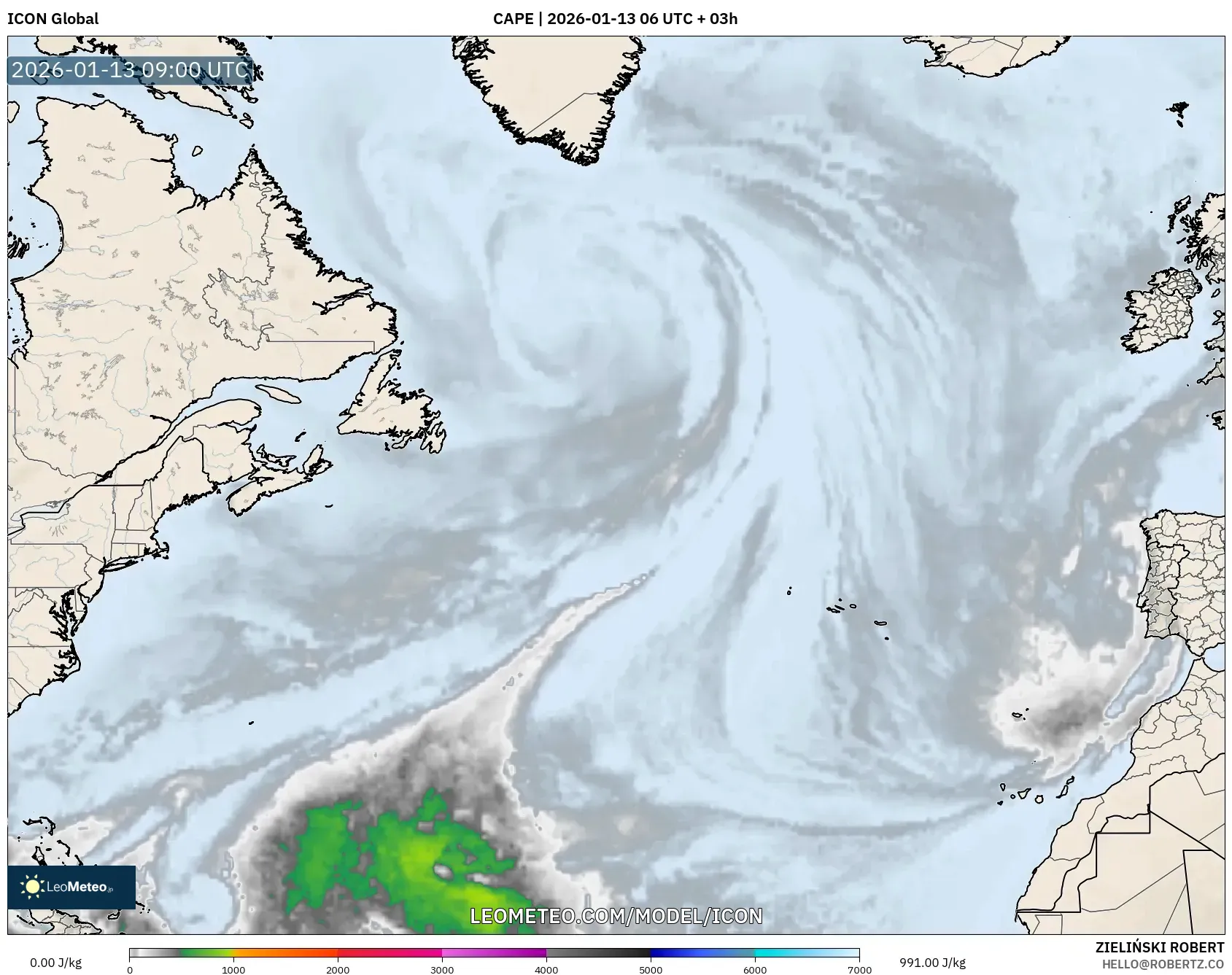 ICON model - North Atlantic, CAPE