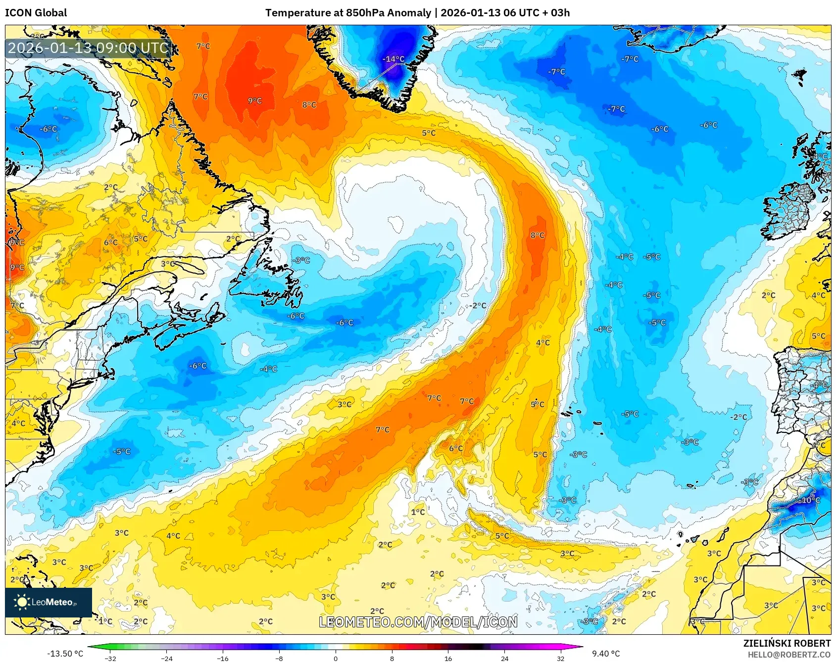 ICON model - North Atlantic, Temperature at 850hPa Anomaly