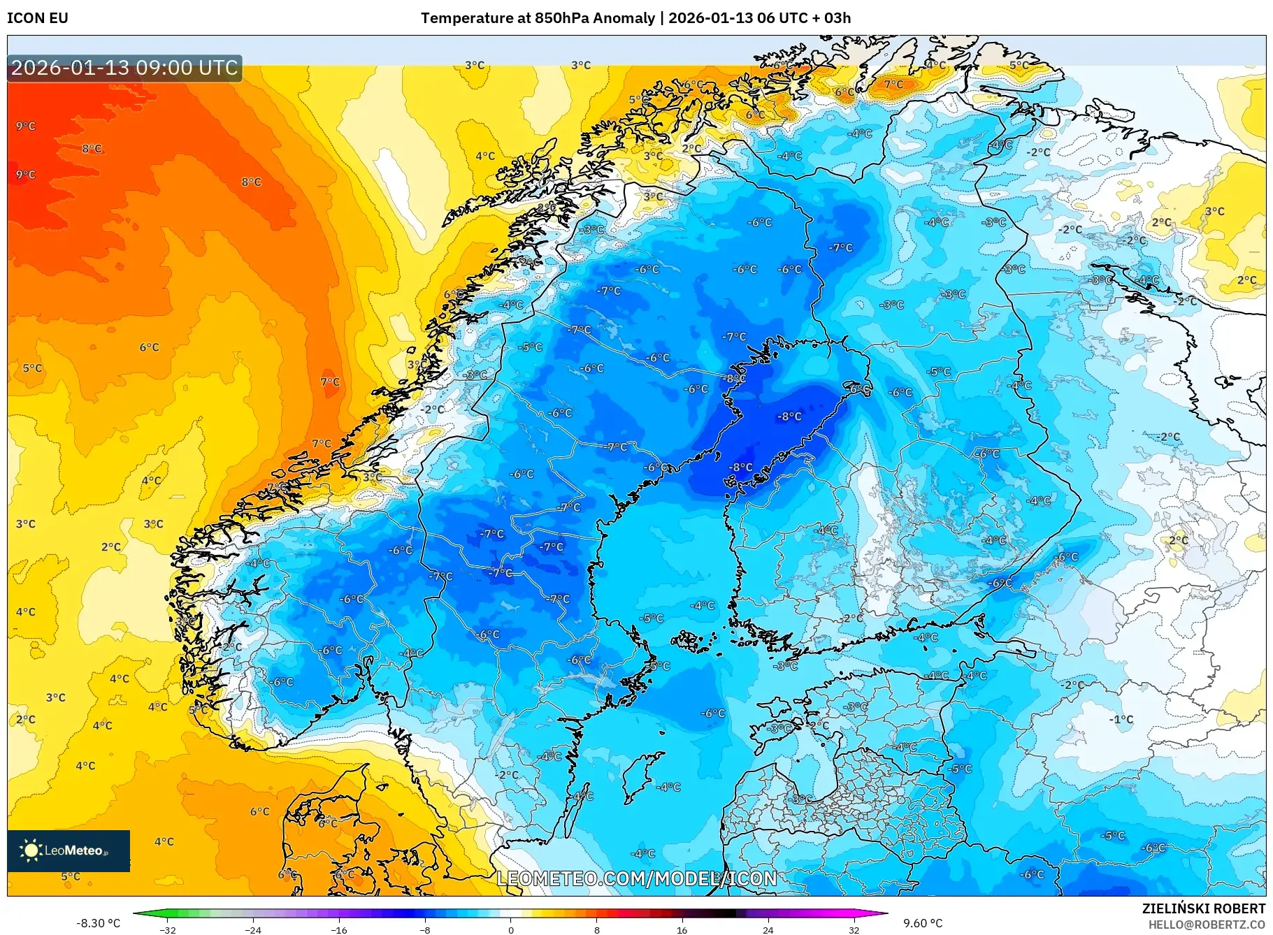 ICON model - Scandinavia, Temperature at 850hPa Anomaly