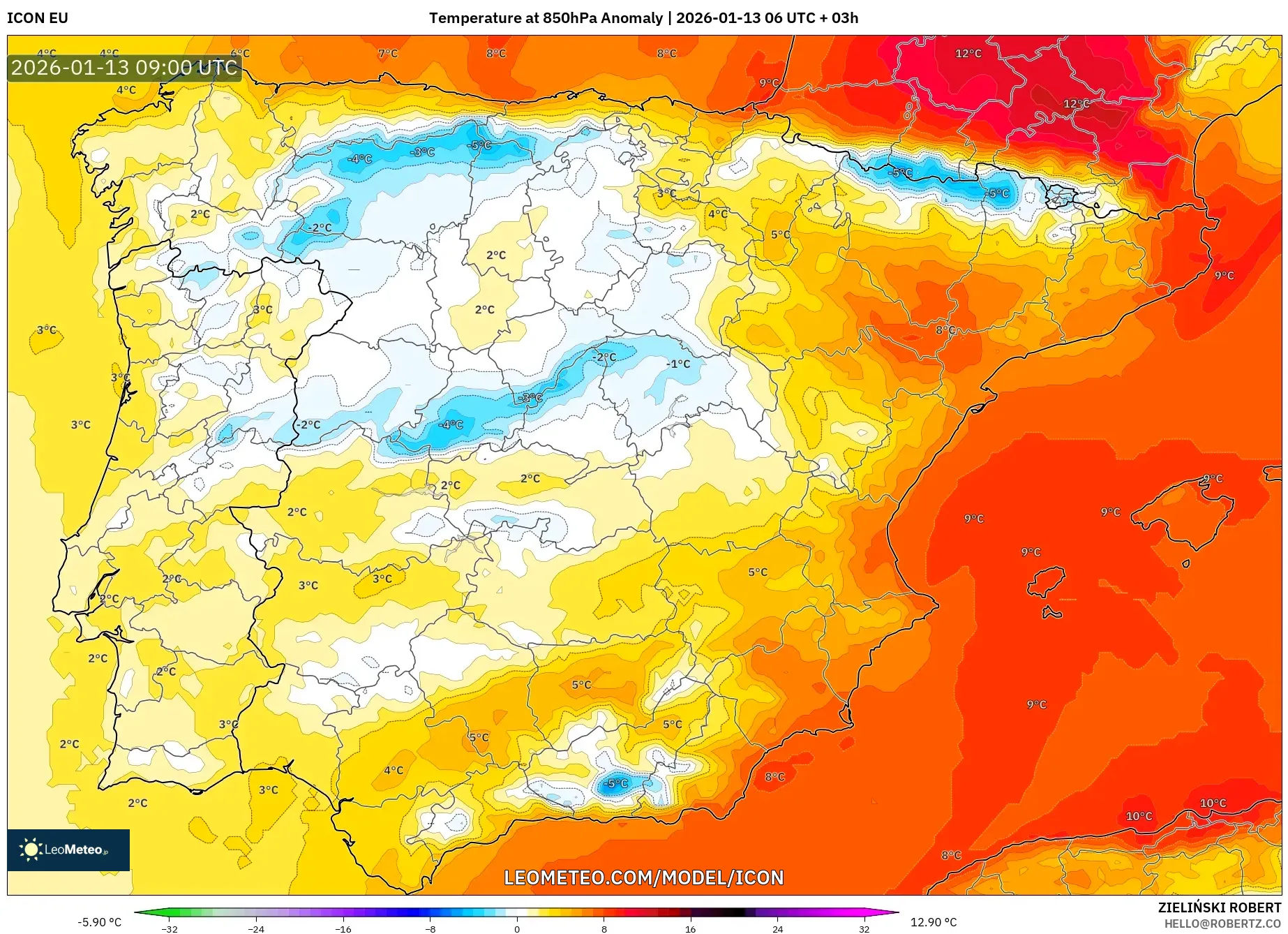 ICON model - Spain, Temperature at 850hPa Anomaly