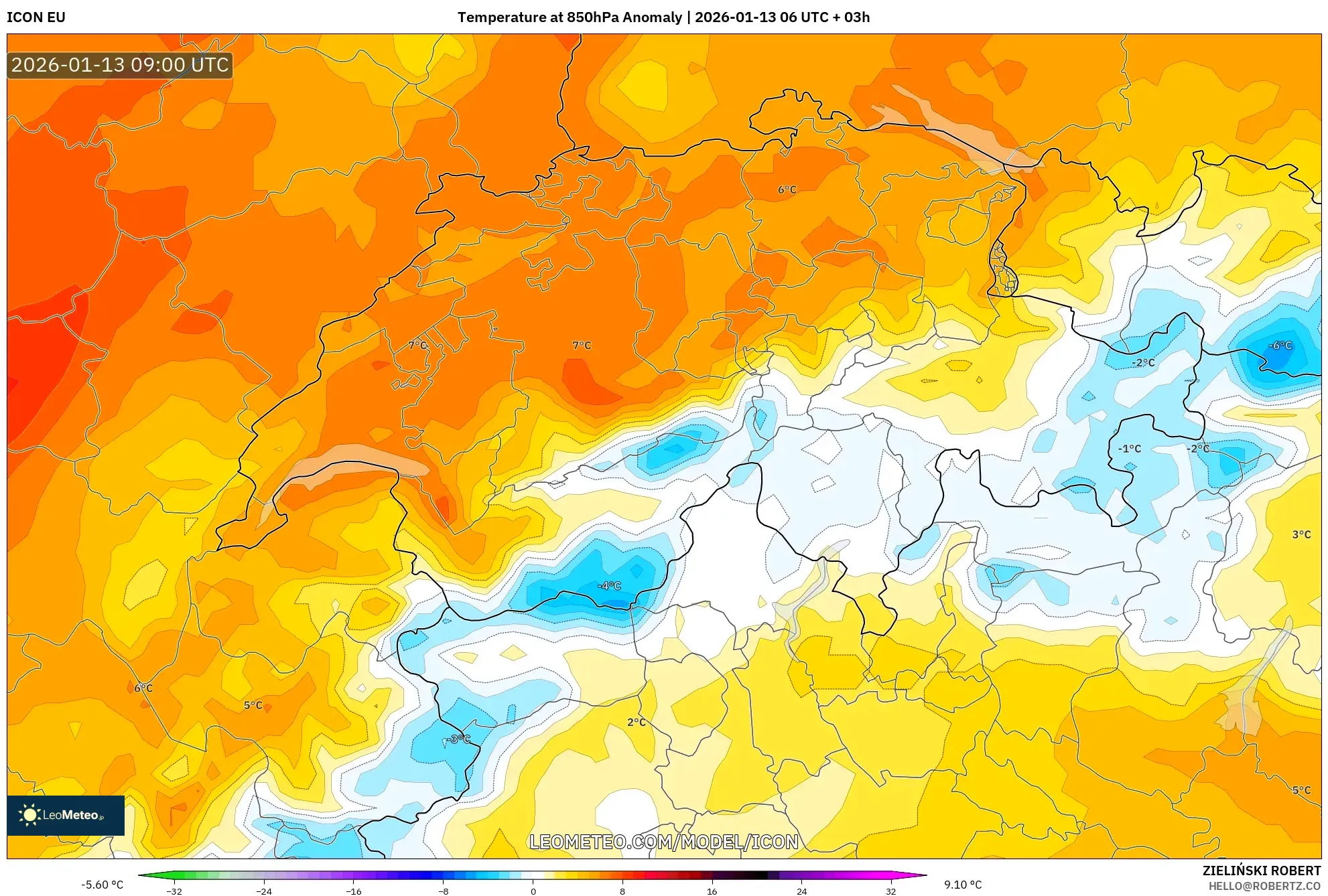 ICON model - Switzerland, Temperature at 850hPa Anomaly