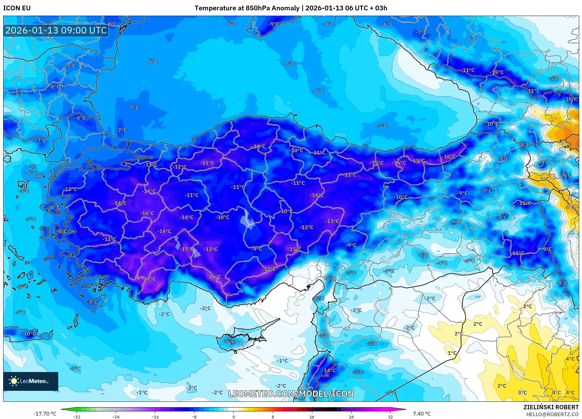 ICON model - Turkey, Temperature at 850hPa Anomaly