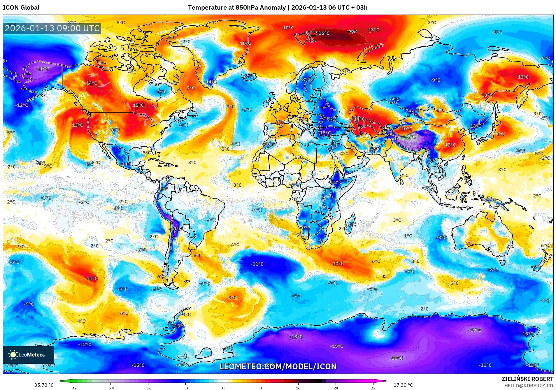 ICON model - World, Temperature at 850hPa Anomaly