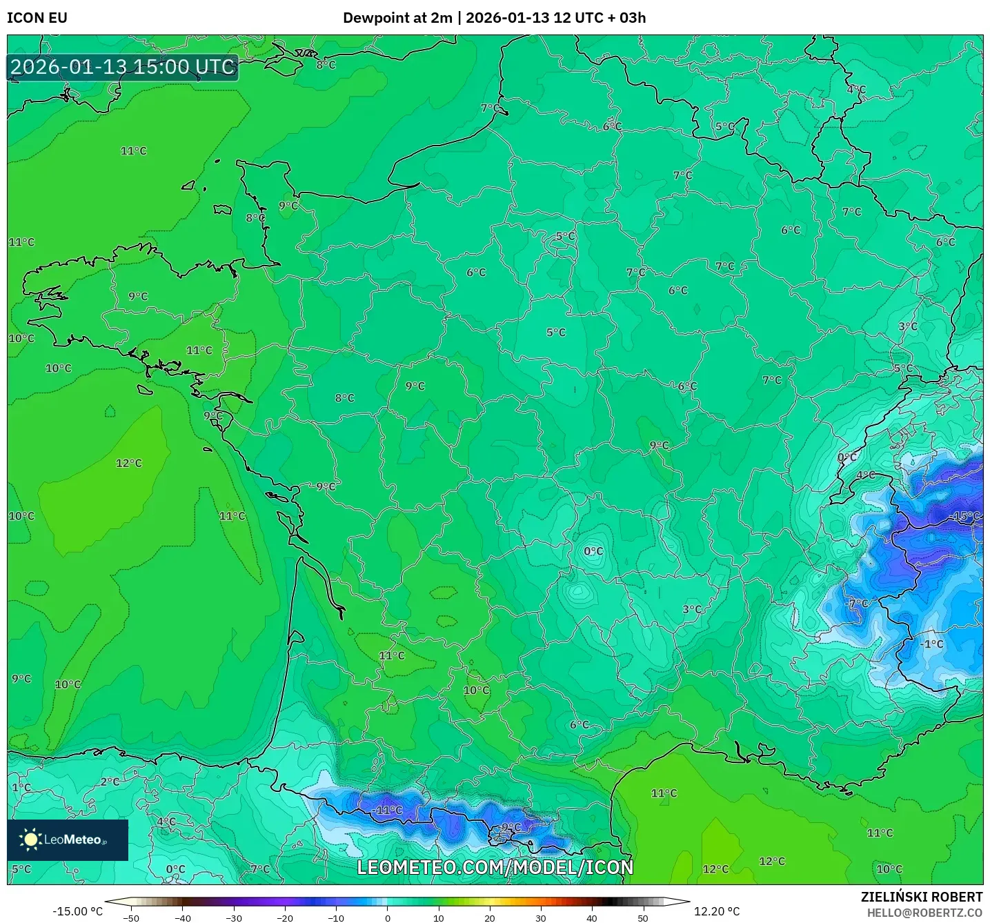 ICON model - France, Dewpoint at 2m