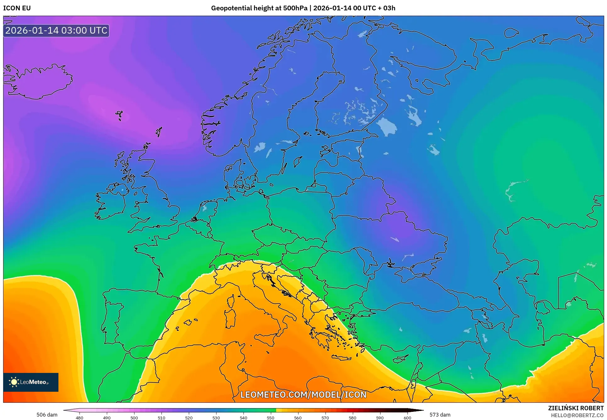 ICON model - Europe, Geopotential height at 500hPa