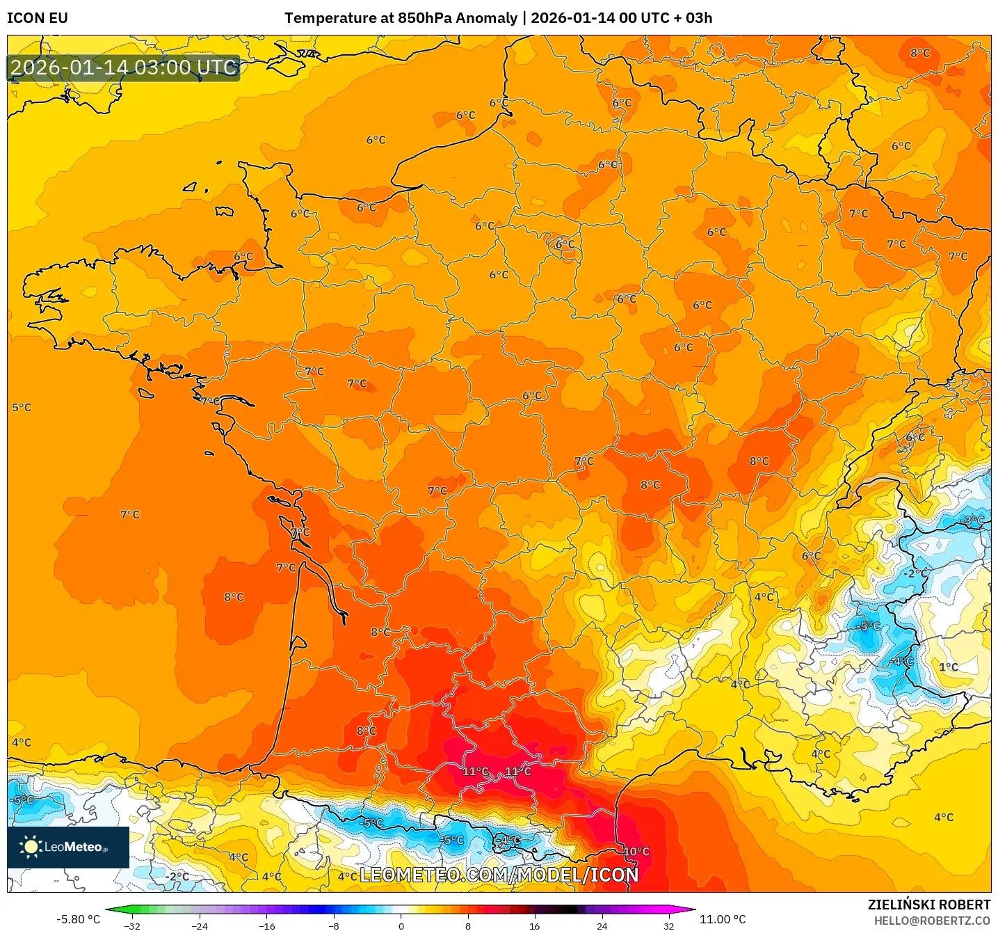 ICON model - France, Temperature at 850hPa Anomaly